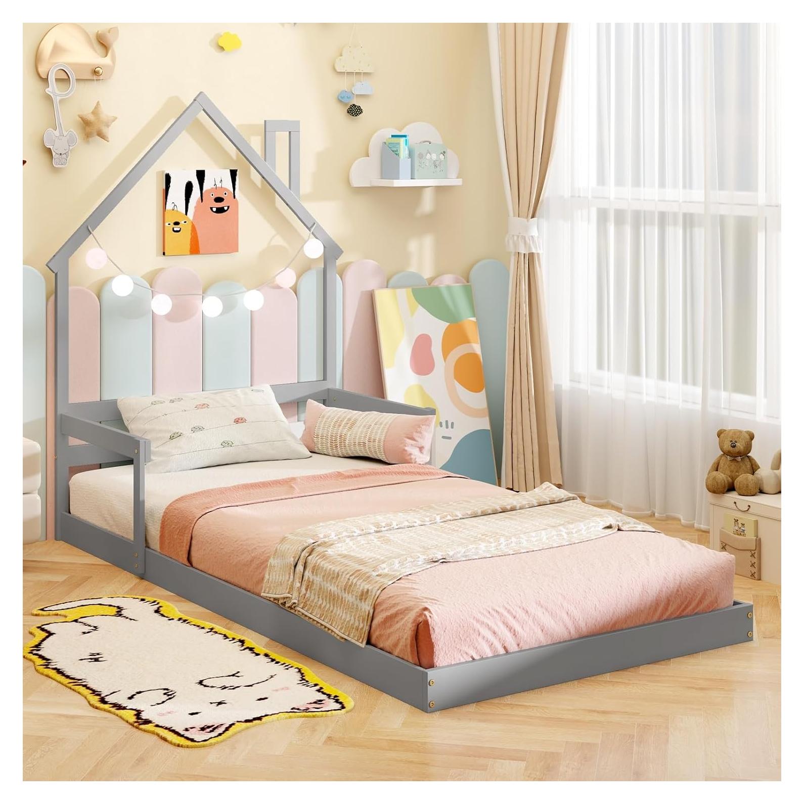 Cama de Piso Twin KOMFOTT en Forma de Casa con Barandillas