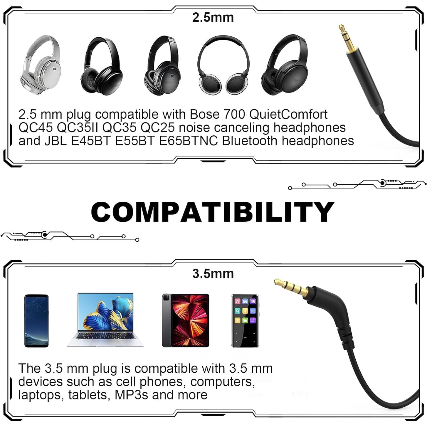 Cable de audio 2.5mm a 3.5mm Zosvoses para Bose QC25 QC35
