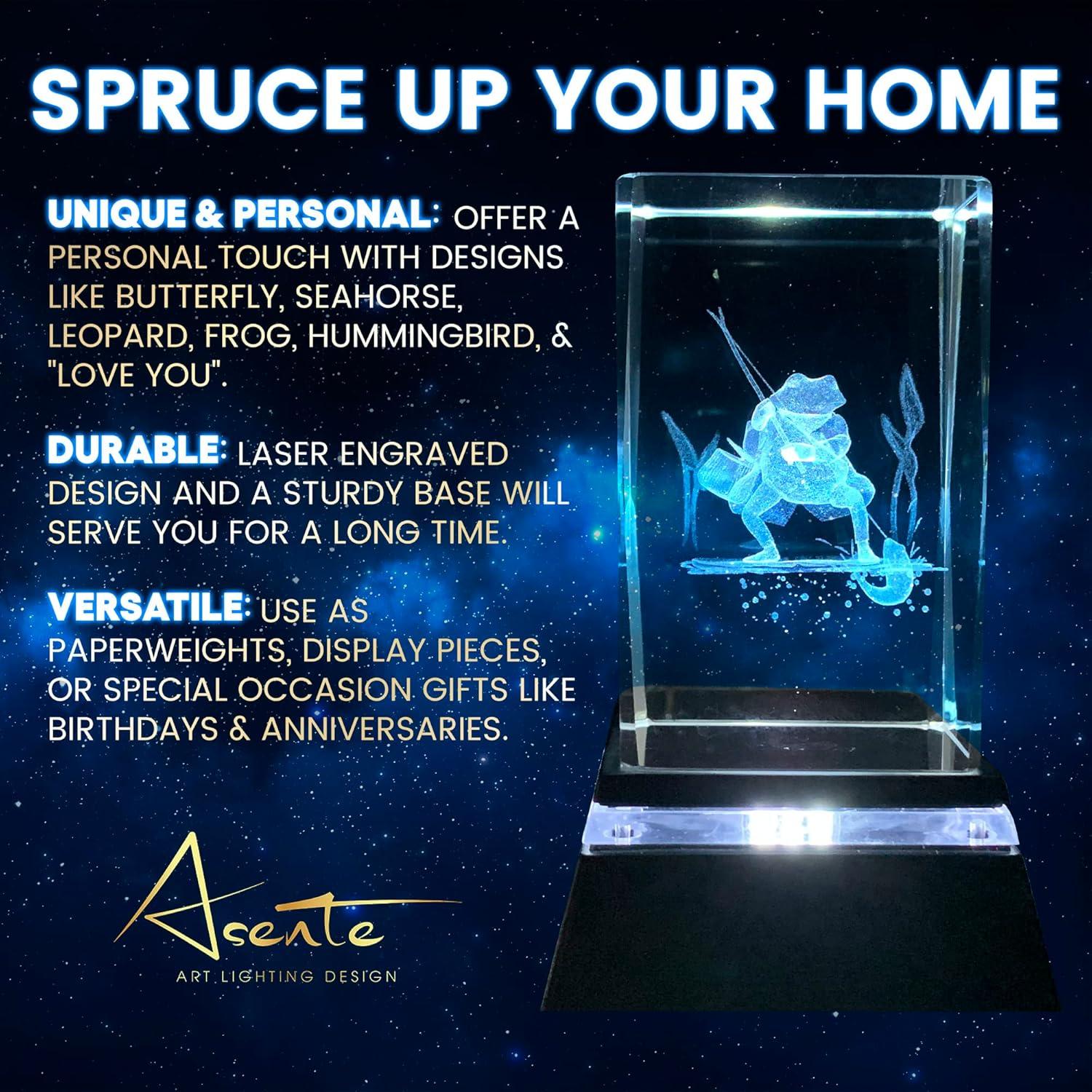 Cubo de Cristal 3D Rana con Base de Luz LED ASENTE