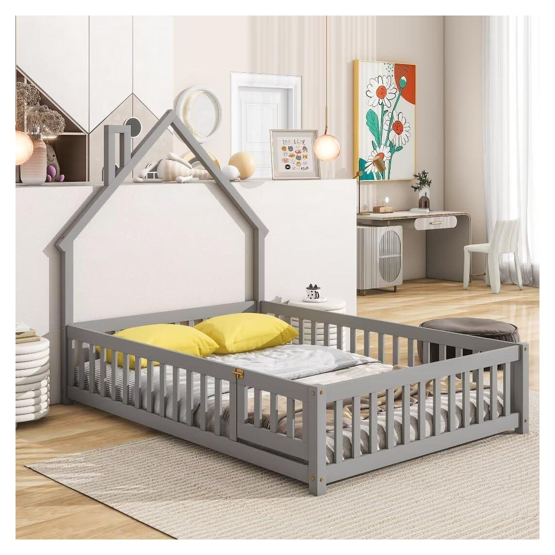 Cama Montessori Completa TURRIDU Gris con Casa y Puerta
