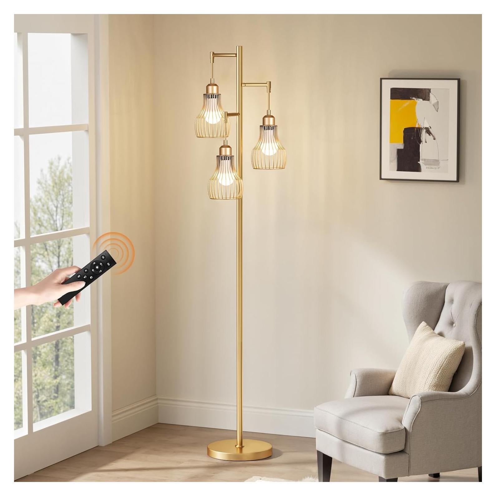 Lámpara de Pie Dorada Regulable Ziisee con Control Remoto 3 Bombillas