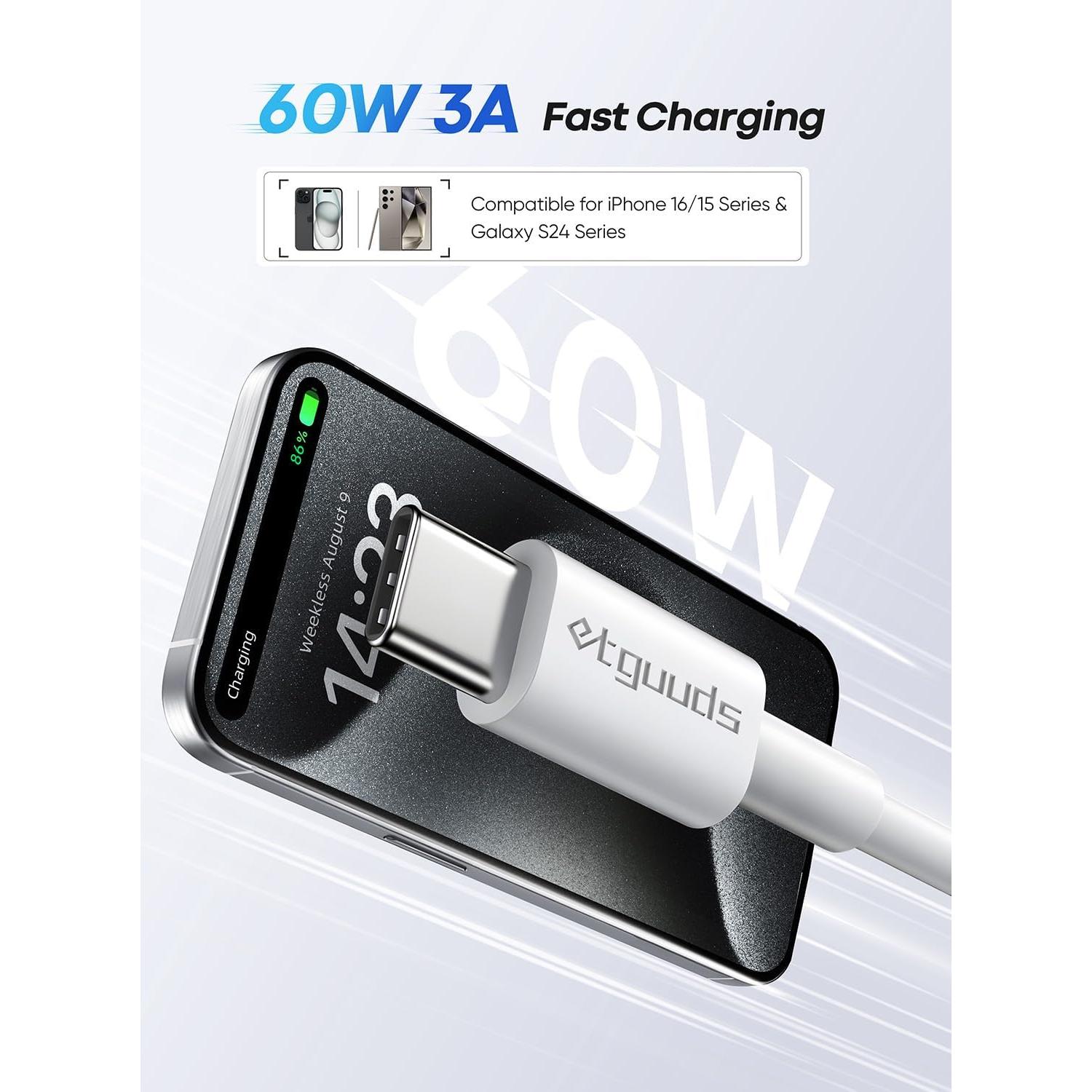 Cable USB-C a USB-C 0.3m etguuds 60W Carga Rápida 2Pack