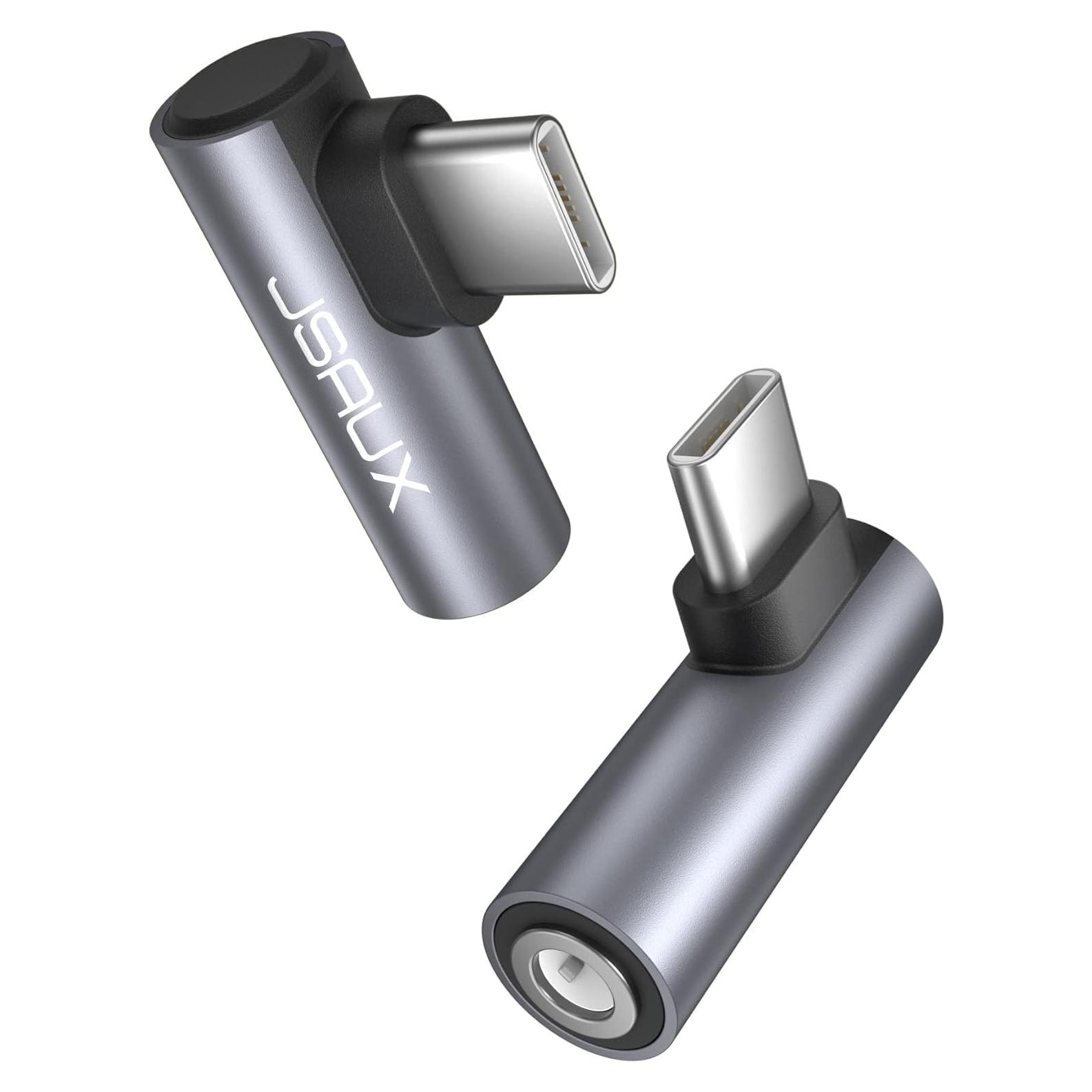 JSAUX 2 Pack Right Angle USB C to 3.5mm Audio Adapter, Type USB C to Headphone Jack Dongle Aux Adapter Compatible with Samsung Galaxy S24/S23/S22/S21 Ultra, iPad Pro, Pixel, iPhone 17/16/15/14 - Grey