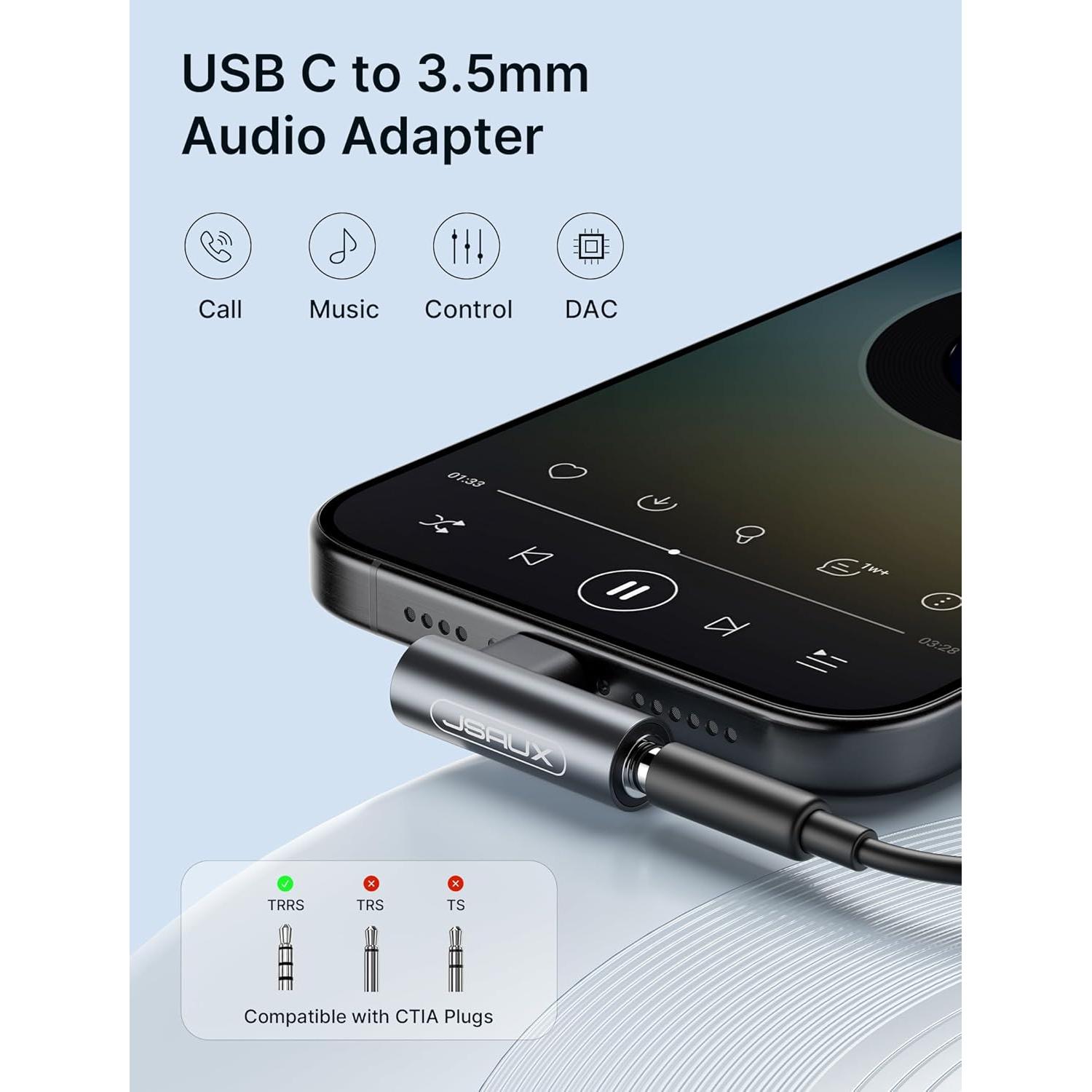 JSAUX 2 Pack Right Angle USB C to 3.5mm Audio Adapter, Type USB C to Headphone Jack Dongle Aux Adapter Compatible with Samsung Galaxy S24/S23/S22/S21 Ultra, iPad Pro, Pixel, iPhone 17/16/15/14 - Grey