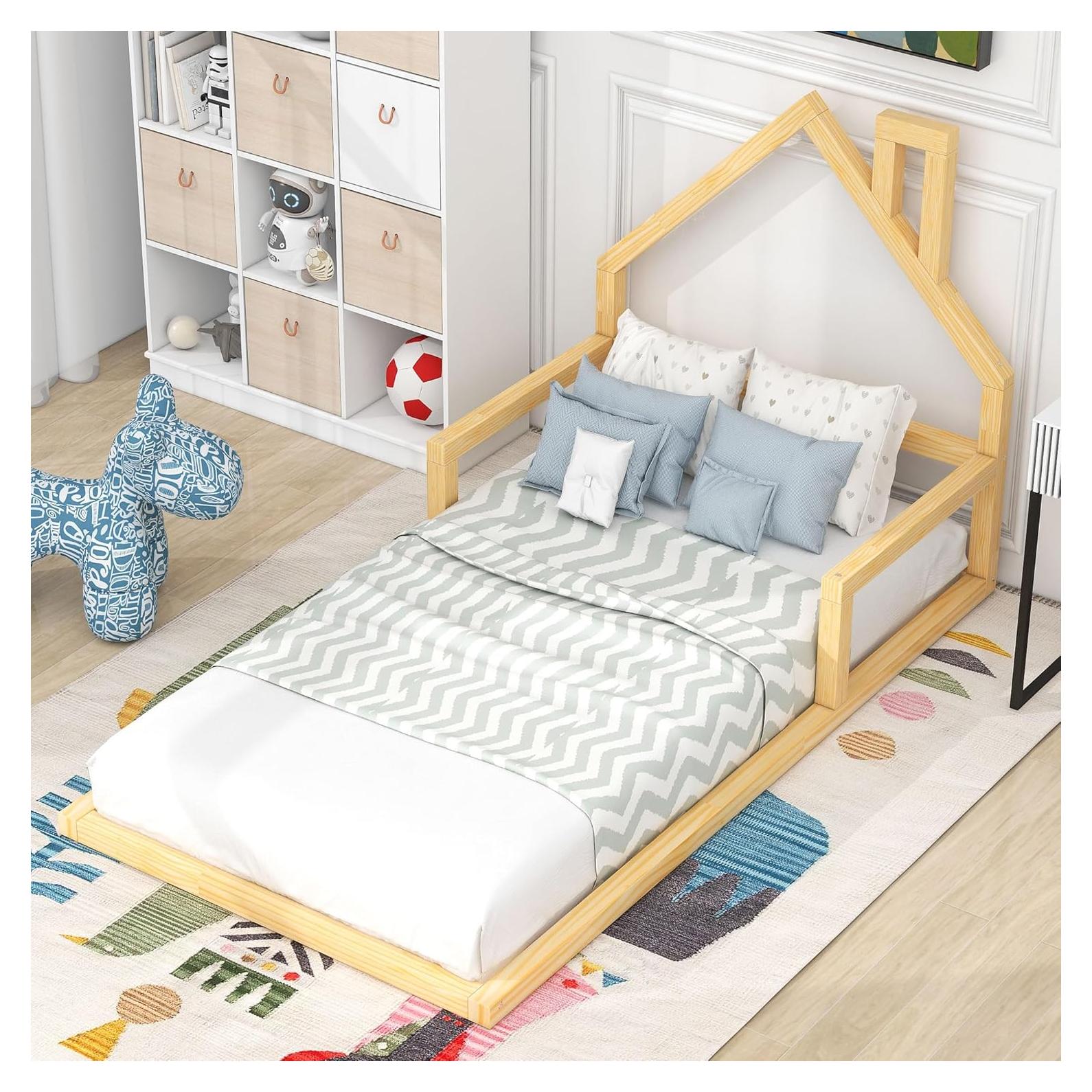 Cama de Piso Twin MERITLINE con Cabecera Casa Natural