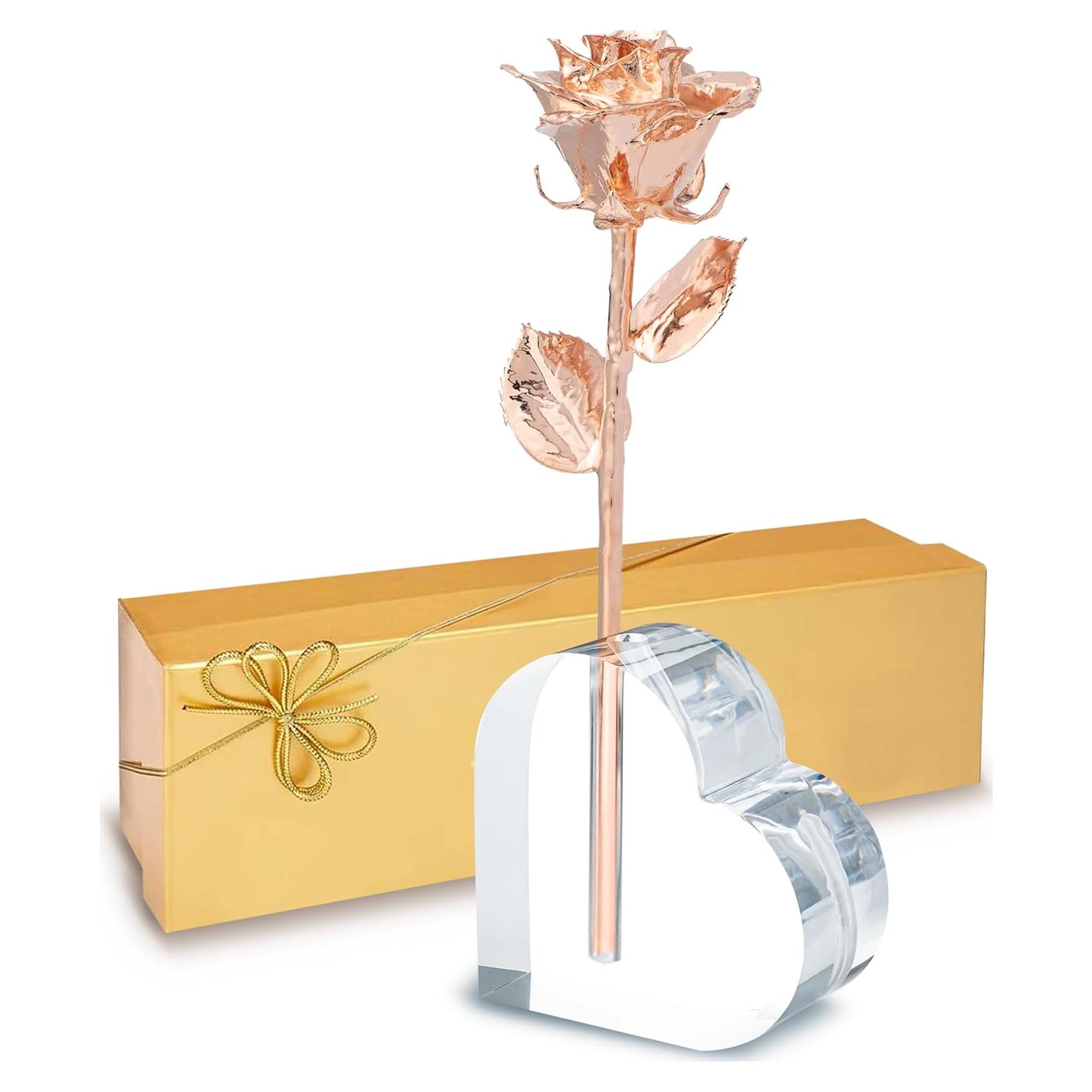 Rosa Eterna Rosa Real en Oro Rosa - Jarrón Corazón Acrílico