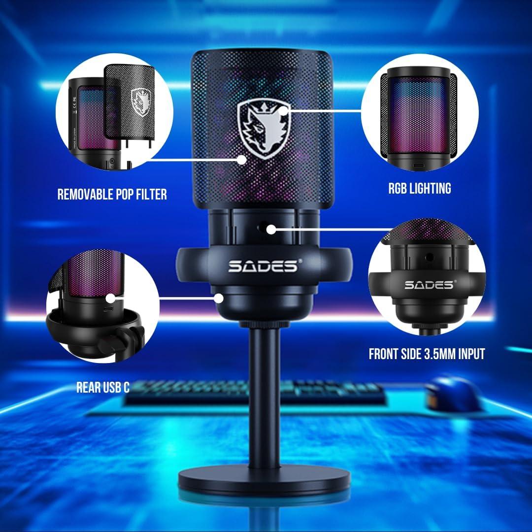 Micrófono SADES Tyto RGB Cardioide con Soporte y Filtro Antipop