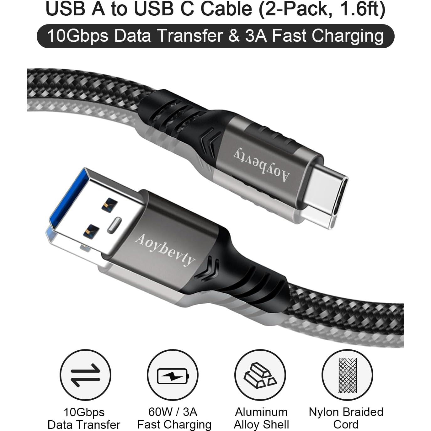 Cable USB A a USB C 0.5m 2 Paquete Aoybevty 60W 10Gbps