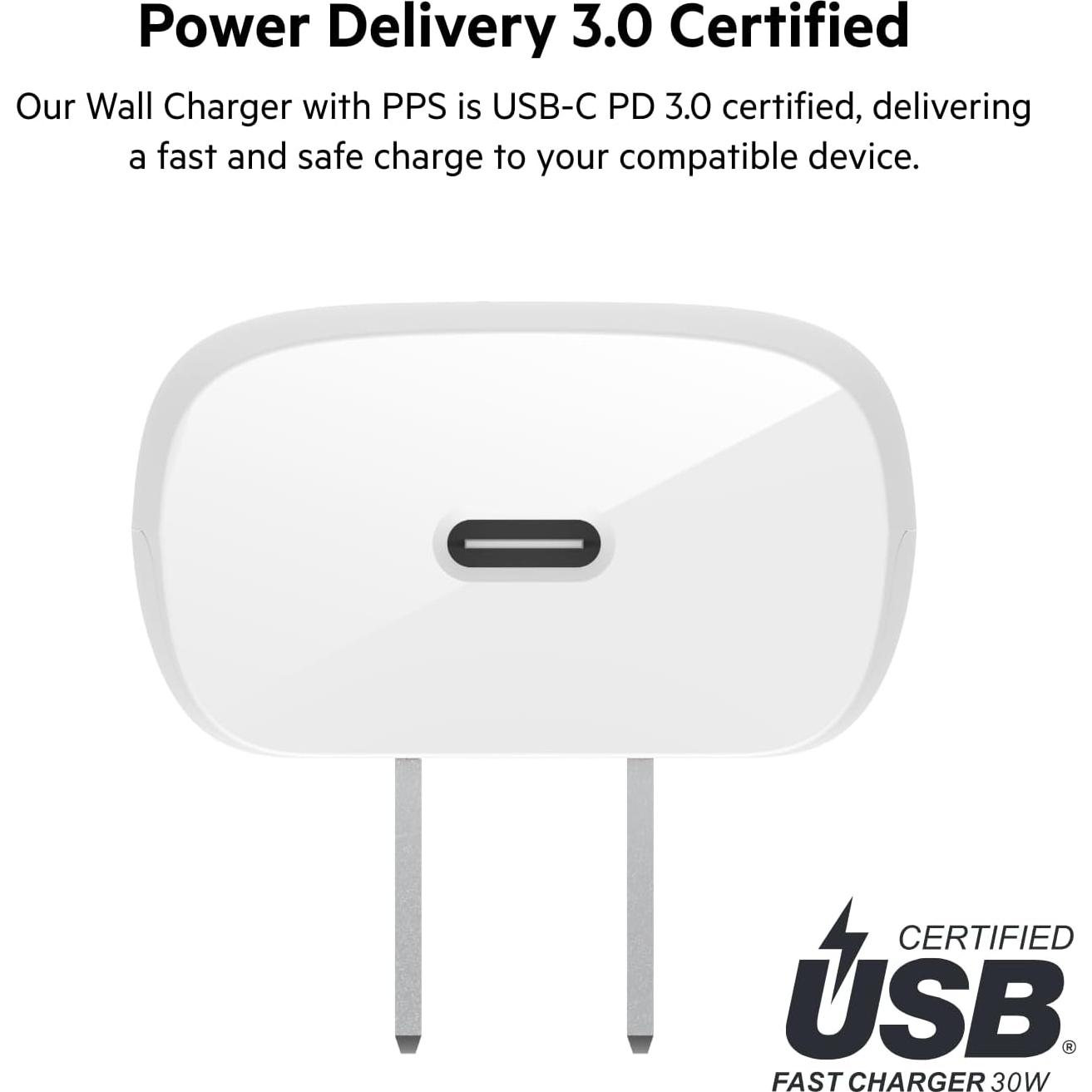 Cargador USB-C Belkin 30W Carga Rápida para iPhone y Samsung