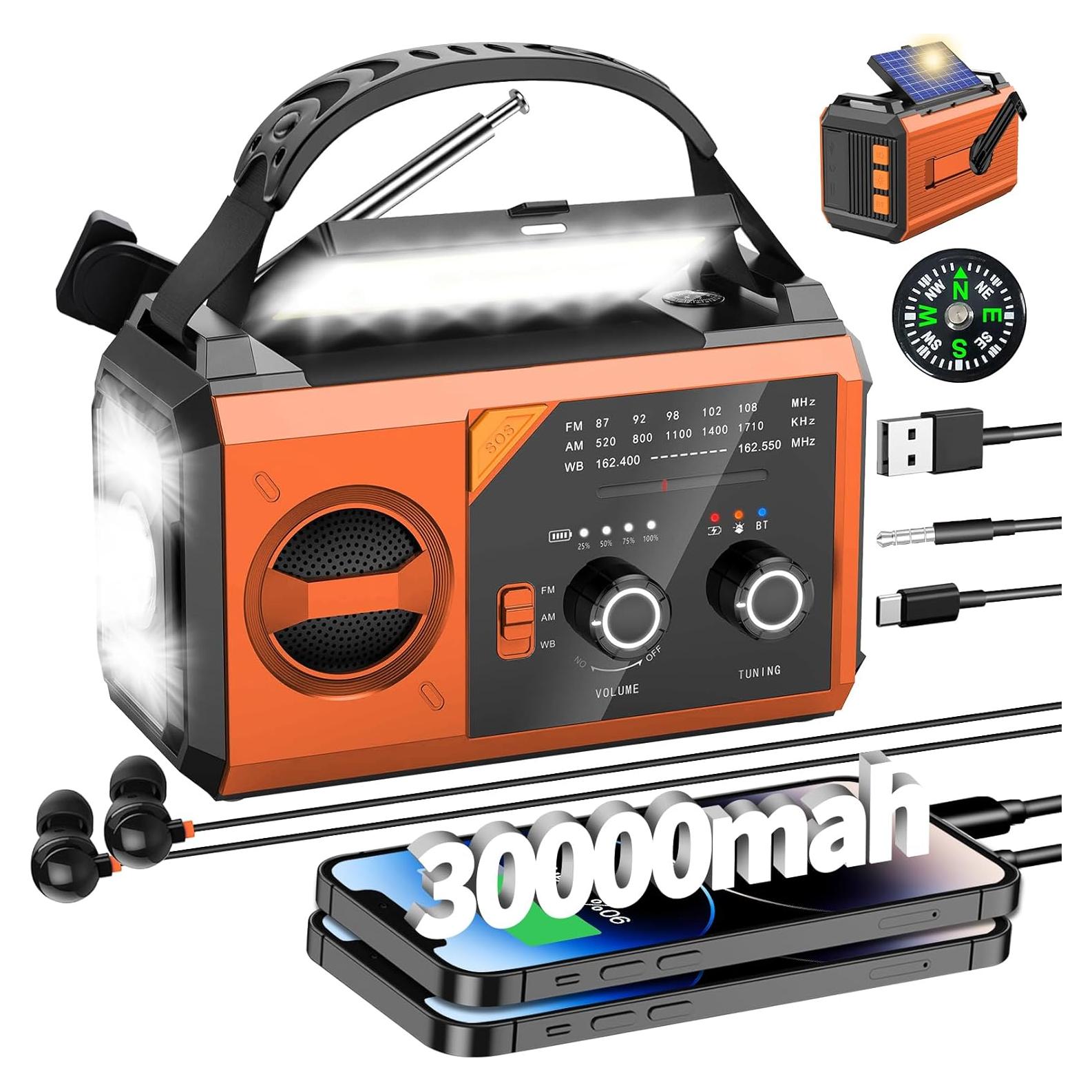Radio de Emergencia NOAA 30000mAh Manivela Solar Naranja