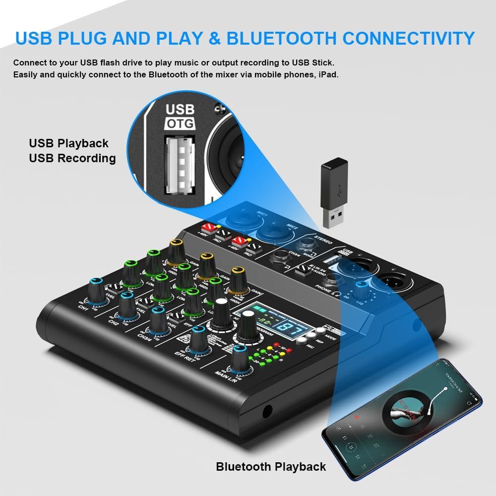 Mezclador DJ Profesional 4 Canales Doslnlya XR-4 Bluetooth USB