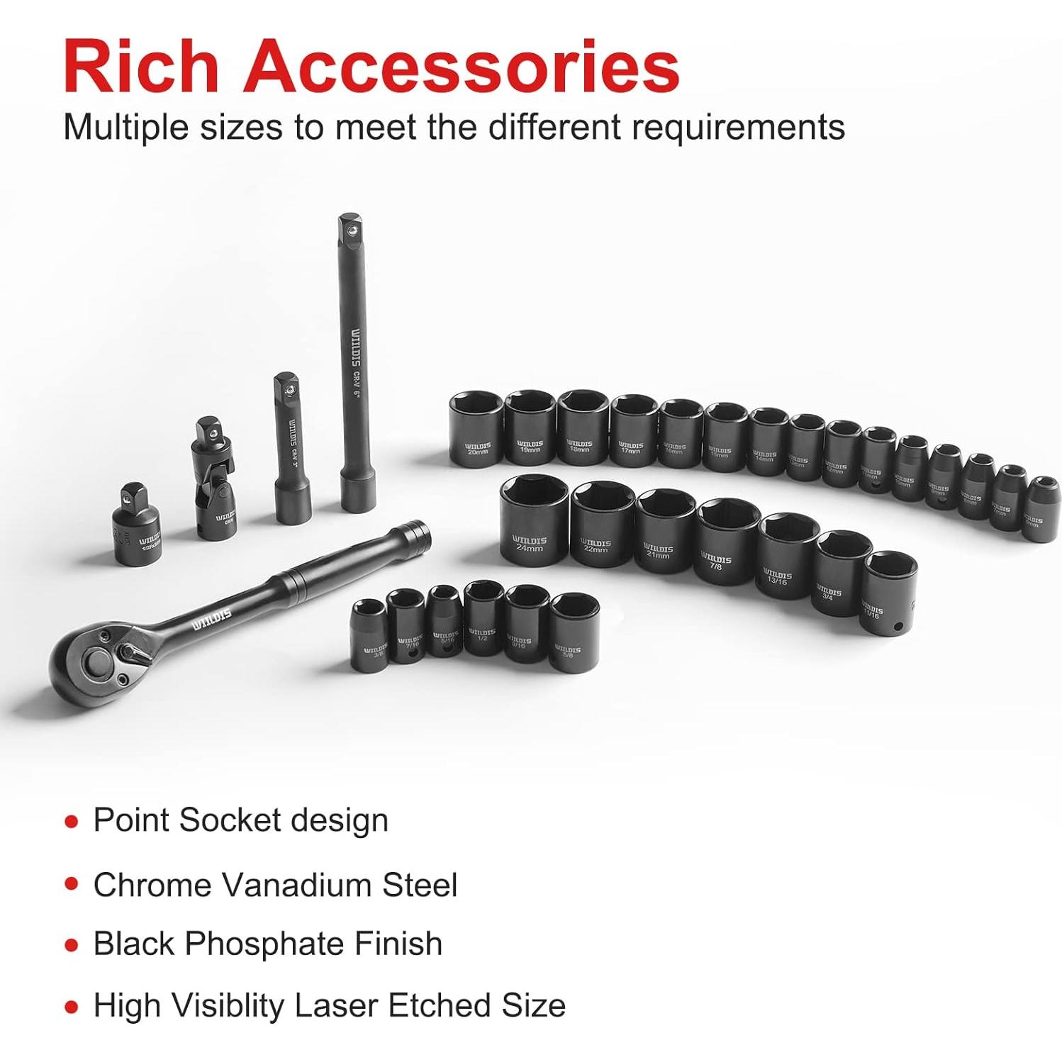 Juego de Enchufes de Impacto WIILDIS 33 Piezas CR-V
