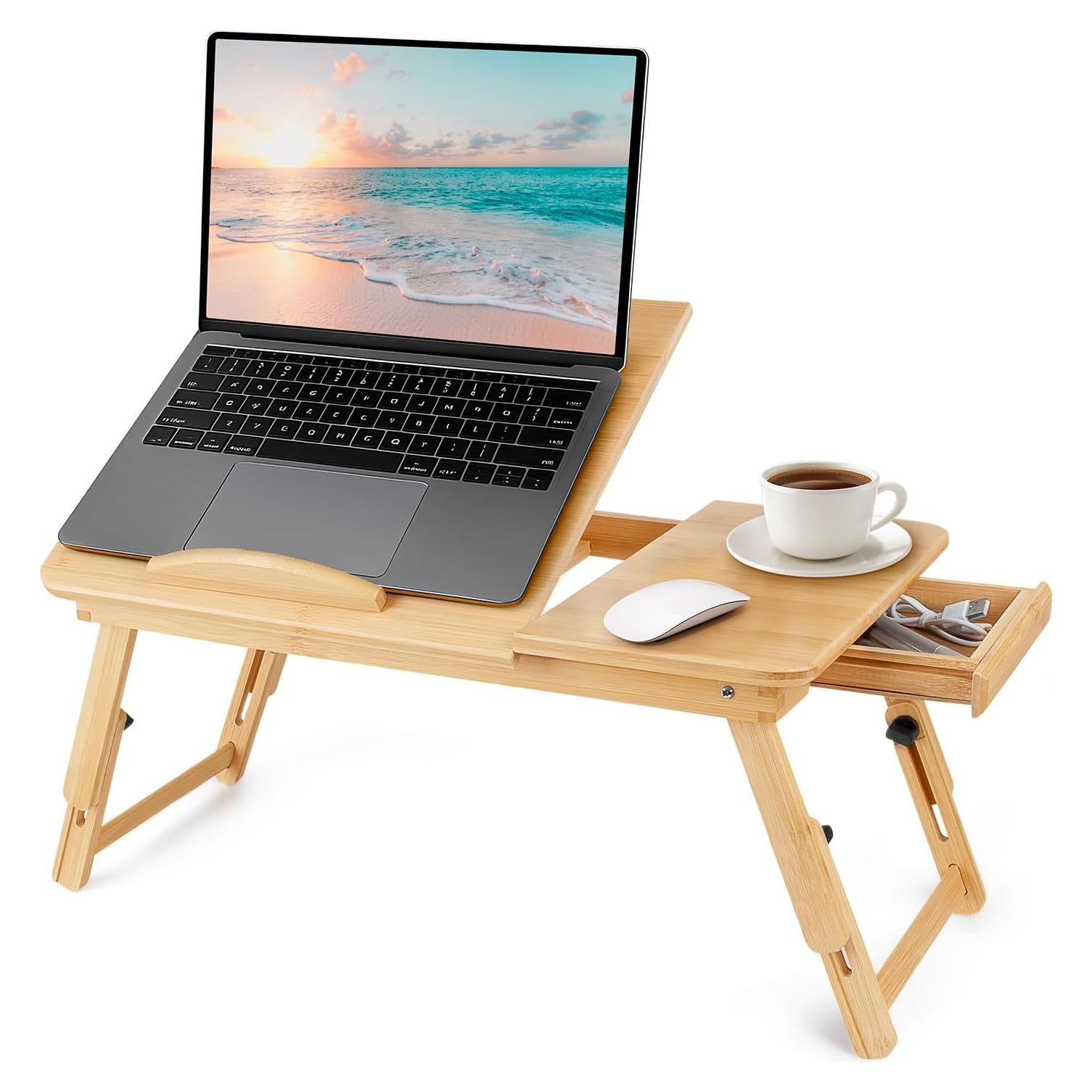 Escritorio Plegable Ajustable Usofhaus de Bambú Natural con Cajón