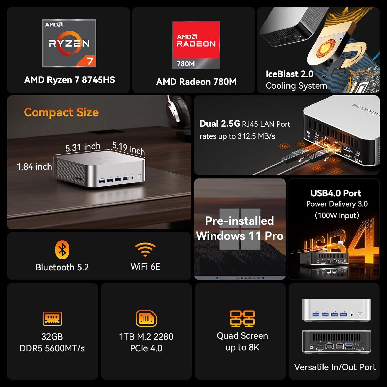 Mini PC GEEKOM A8 Max | AMD Ryzen 7 8745HS | 32GB RAM | 1TB SSD