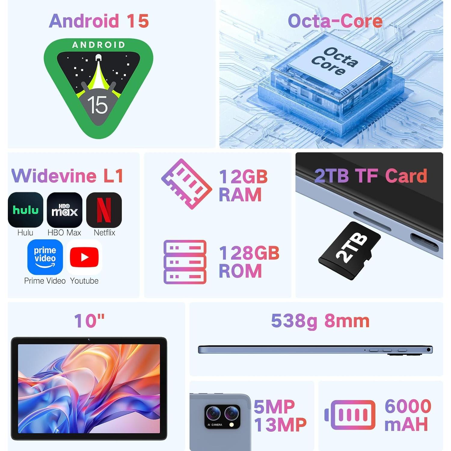 Tablet Android 15 Winsing 10" 12GB RAM 128GB Almacenamiento