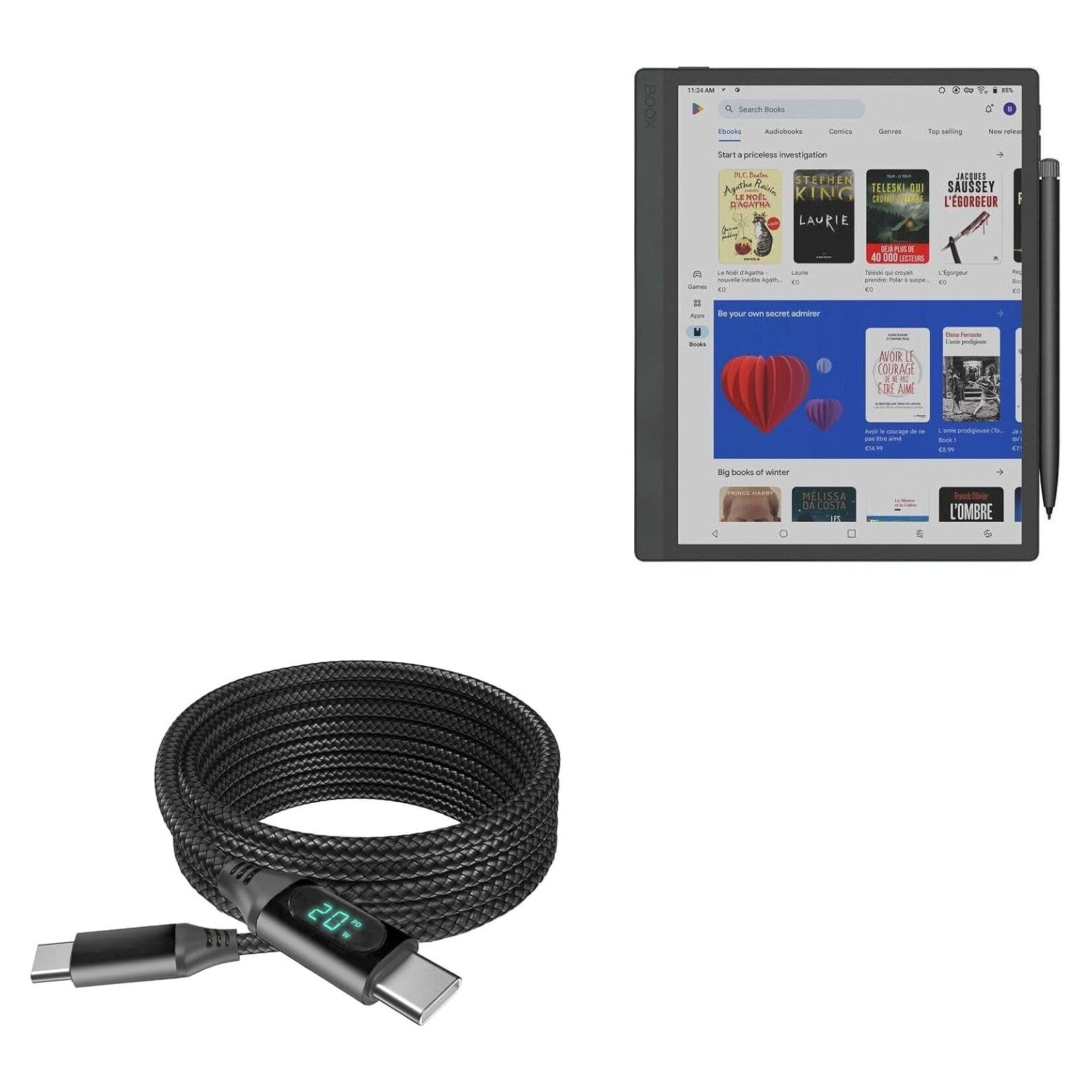 Cable Compatible with Onyx BOOX Tab Ultra C Pro - PowerDisplay PD Cable (6ft) - USB-C to USB-C (100W), LED Wattage Info Extra Long Braided Nylon - Jet Black