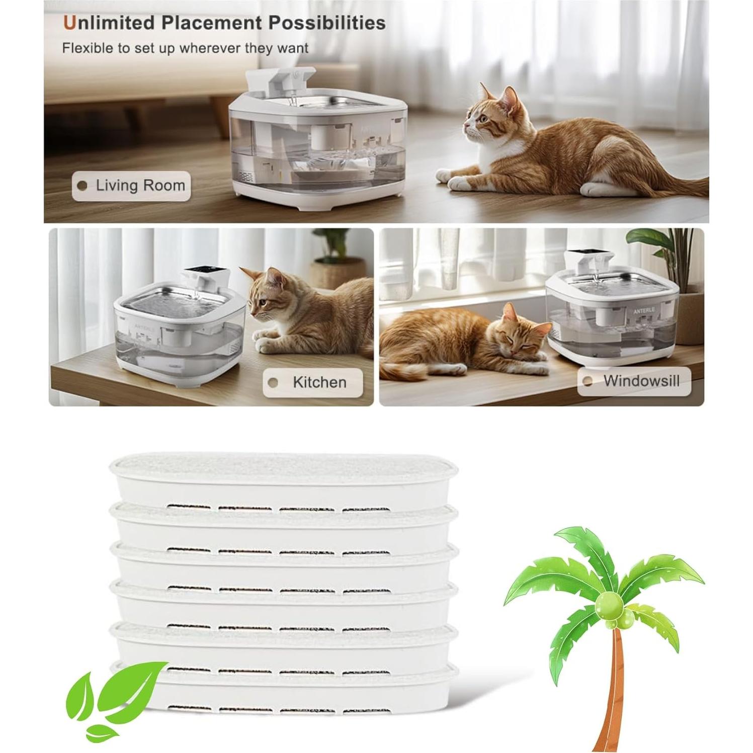 Filtro de agua para gatos ANTERLE FT999, 8 filtros y esponjas