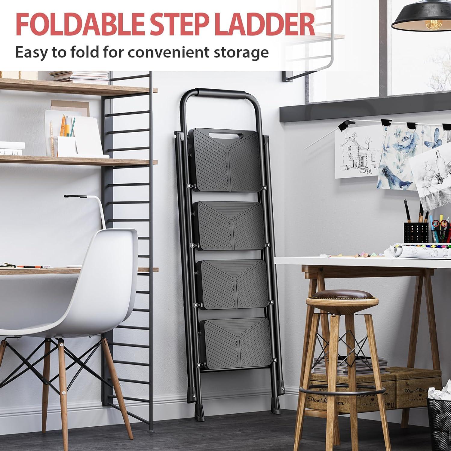 Escalera Plegable KINGRACK 4 Peldaños Antideslizante Negro