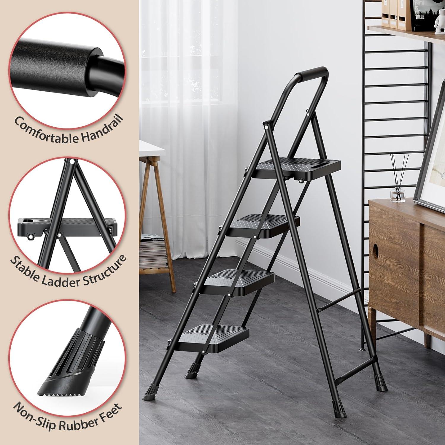Escalera Plegable KINGRACK 4 Peldaños Antideslizante Negro