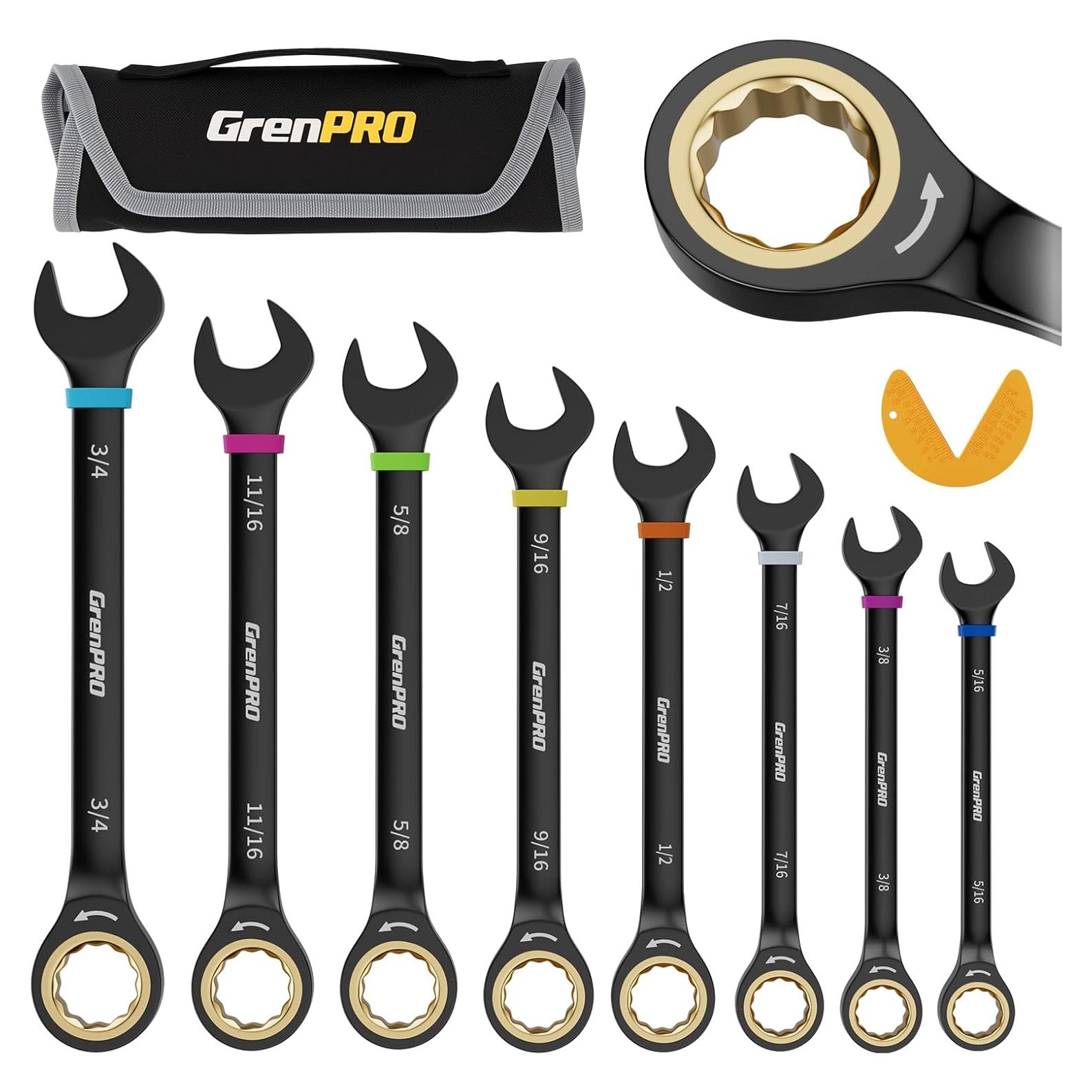 Juego de Llaves de Carraca GRENPRO 9 Piezas SAE con Medidor