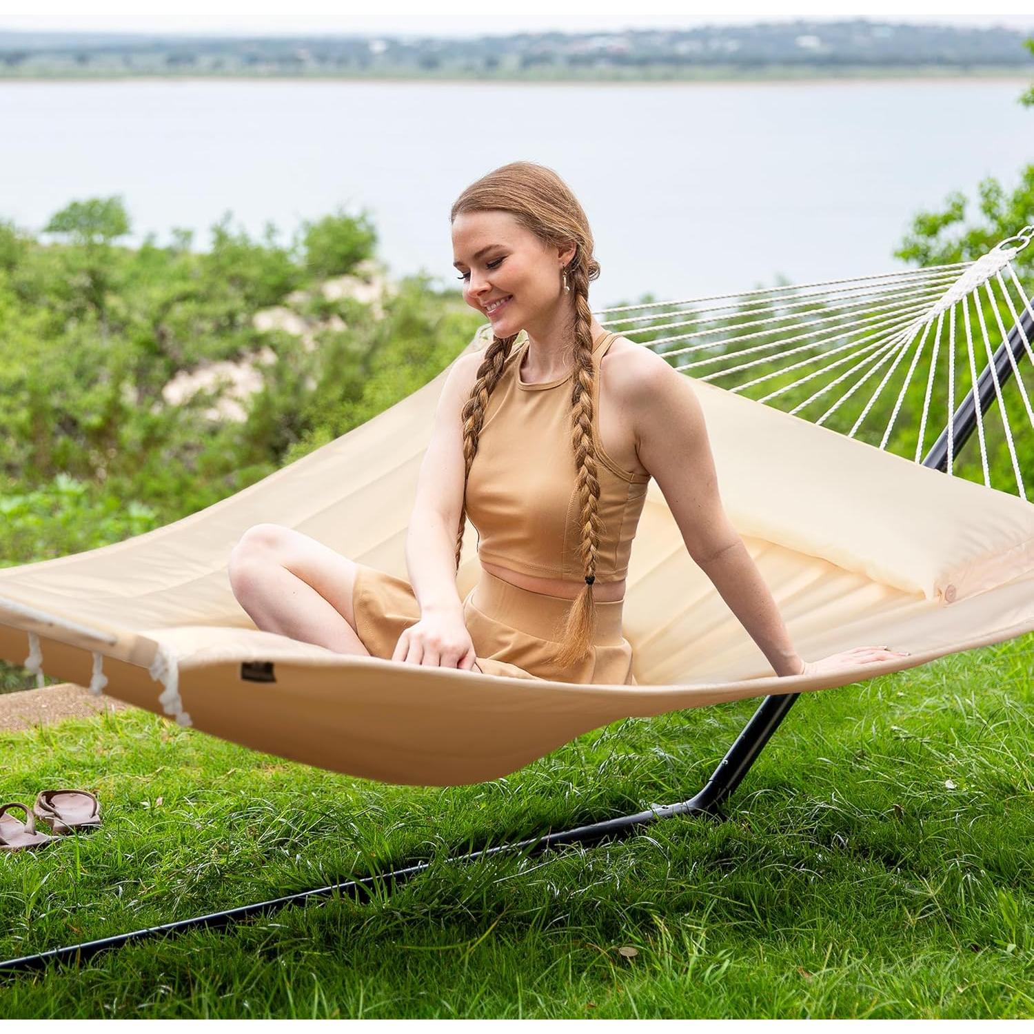 Hamaca Doble SUNCREAT Extra Grande con Soporte 3.66 m Beige