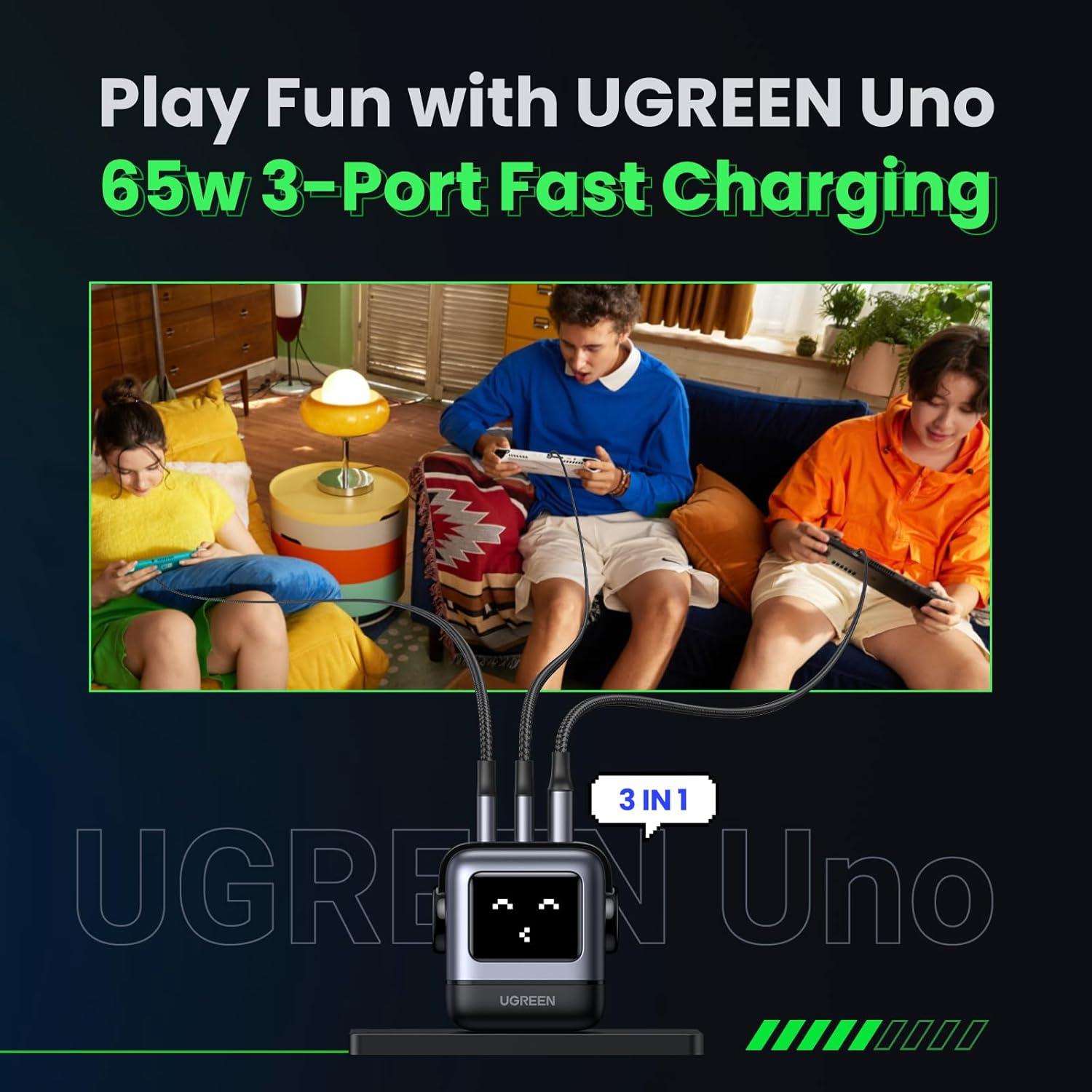 Cargador UGREEN Uno 65W GaN 3 Puertos Robot Negro