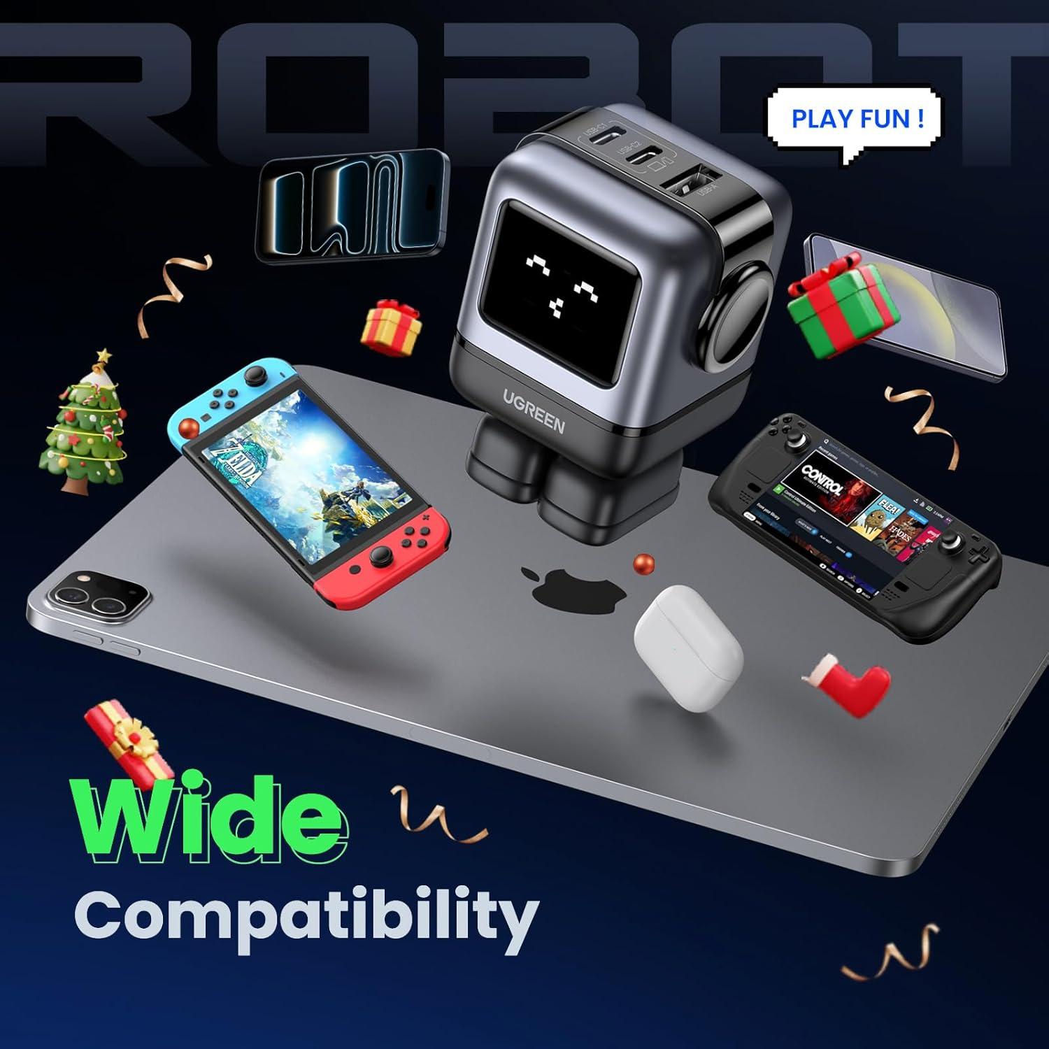 Cargador UGREEN Uno 65W GaN 3 Puertos Robot Negro