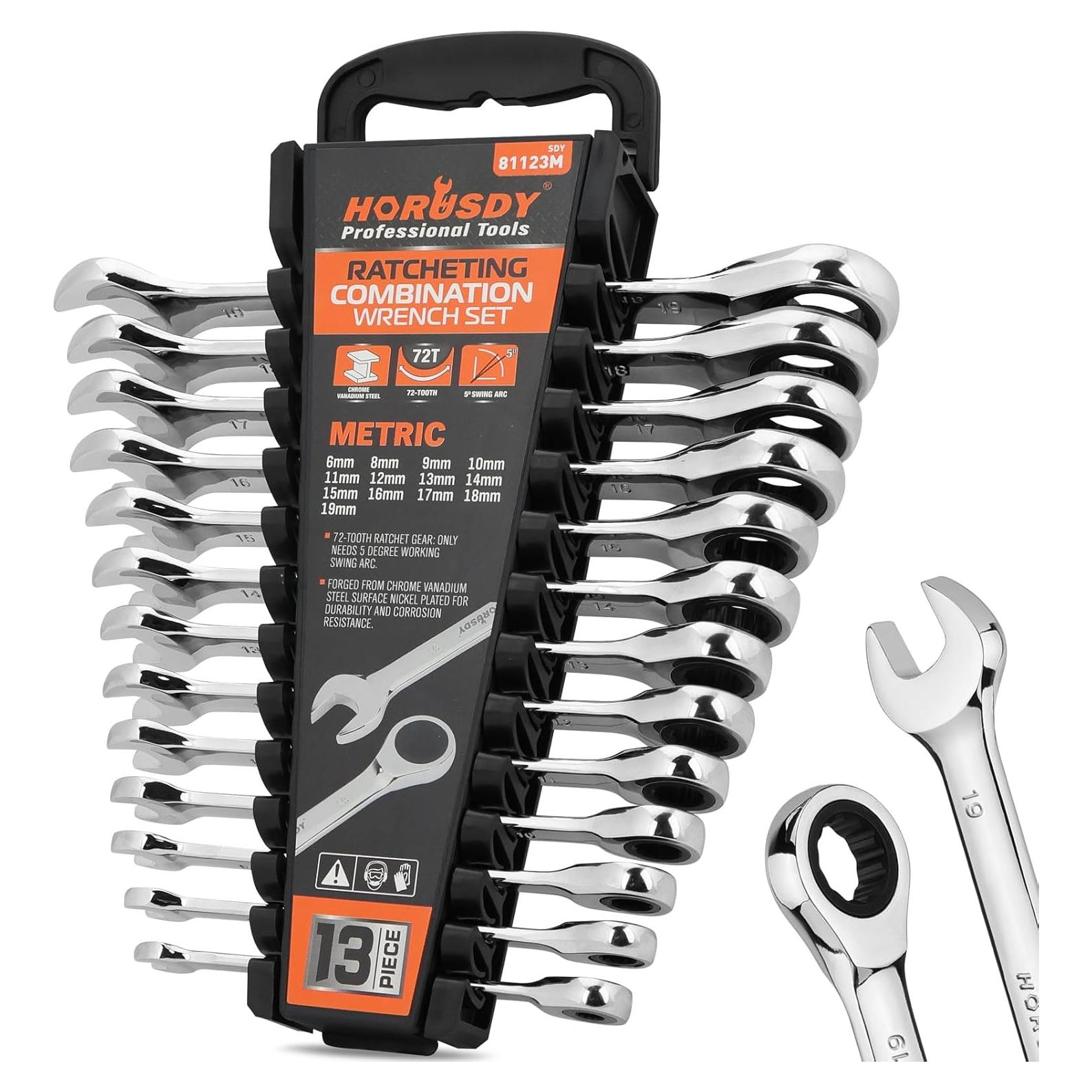 Juego de Llaves de Carraca 13 Piezas HORUSDY Acero 6-19mm