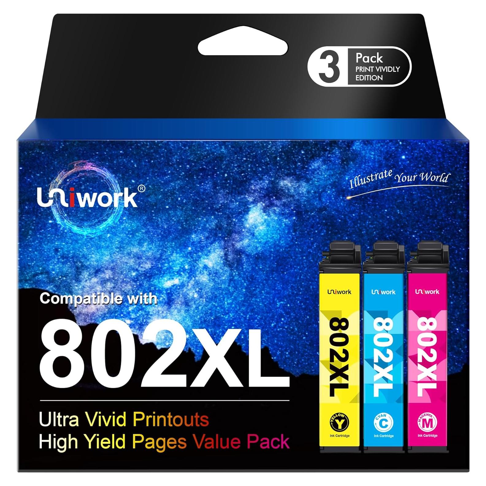 Cartuchos de tinta remanufacturados Uniwork 802XL Cian Magenta Amarillo - Paquete de 3