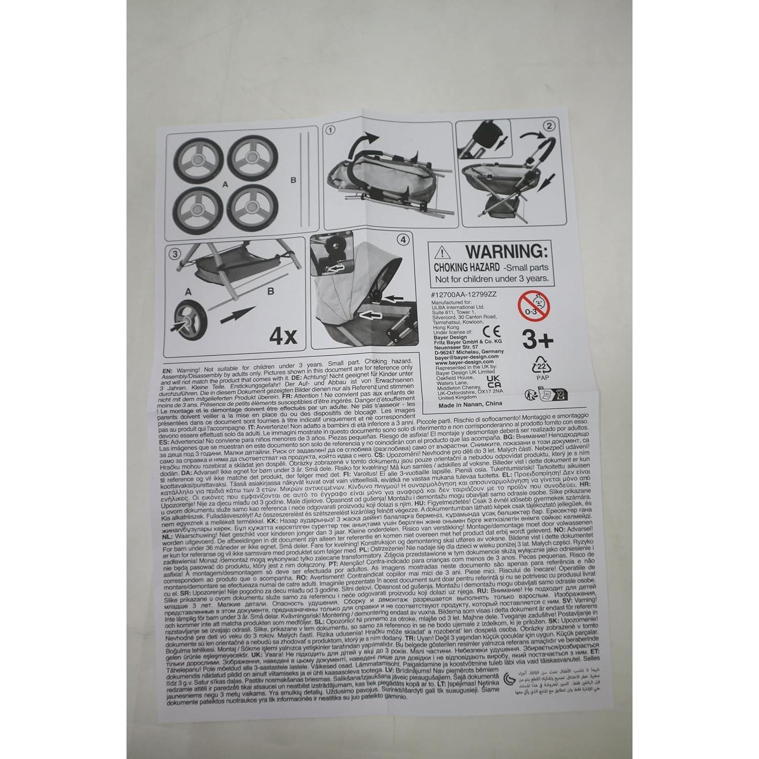 Carrito de Muñeca 4 en 1 Bayer Rosa y Gris - Hasta 45.72 cm