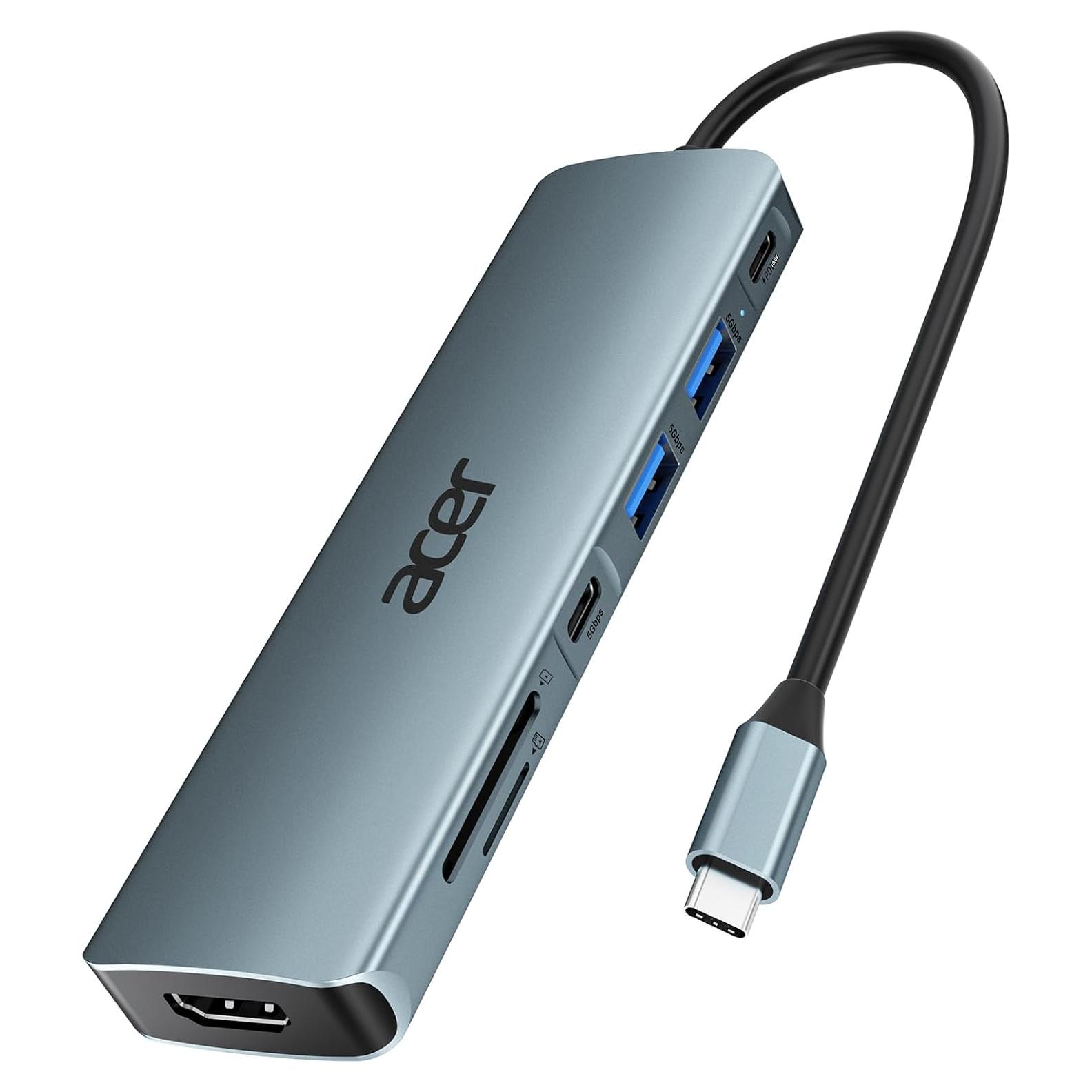 Hub USB C Acer ODK360 7 en 1 HDMI 4K, 2 USB 3.1, Carga 100W