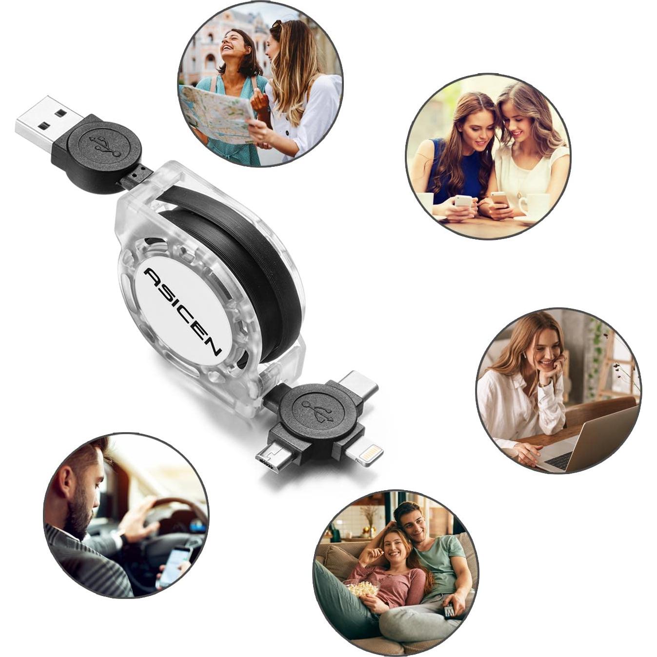 Cable de carga retráctil 3 en 1 ASICEN 1M Lightning/Micro/Type C