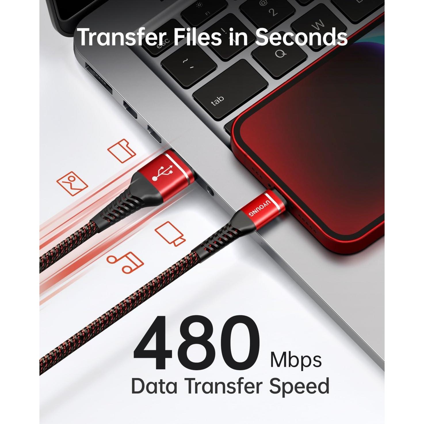 Cable de Carga Rápida UYOUNG 3Pack 6FT USB a Lightning Rojo