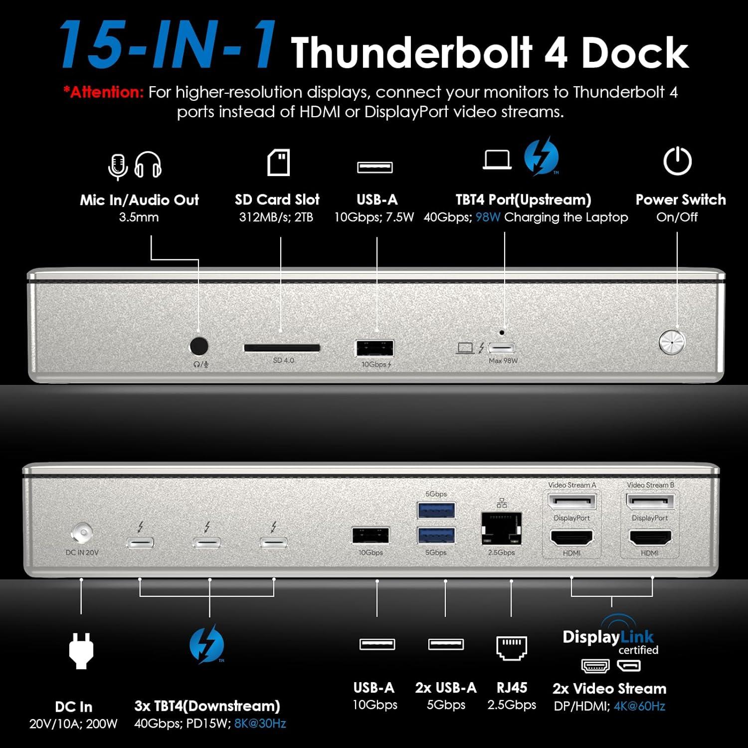 Dock Thunderbolt 4 WAVLINK 100W 4K 60Hz 15-en-1 para Mac y PC
