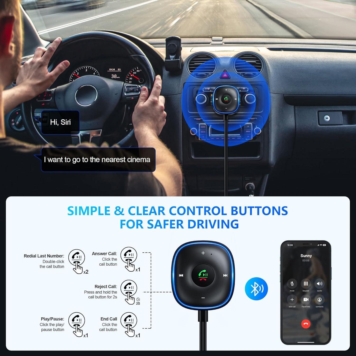 Adaptador Bluetooth 5.3 SONRU para Coche - Receptor Aux con Micrófono