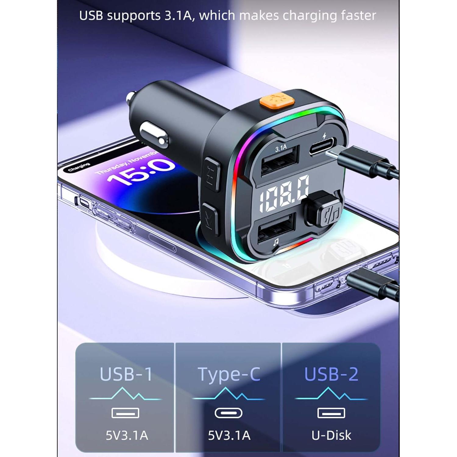 Transmisor FM Bluetooth 5.3 ACECAR C3 con Carga Rápida y Manos Libres