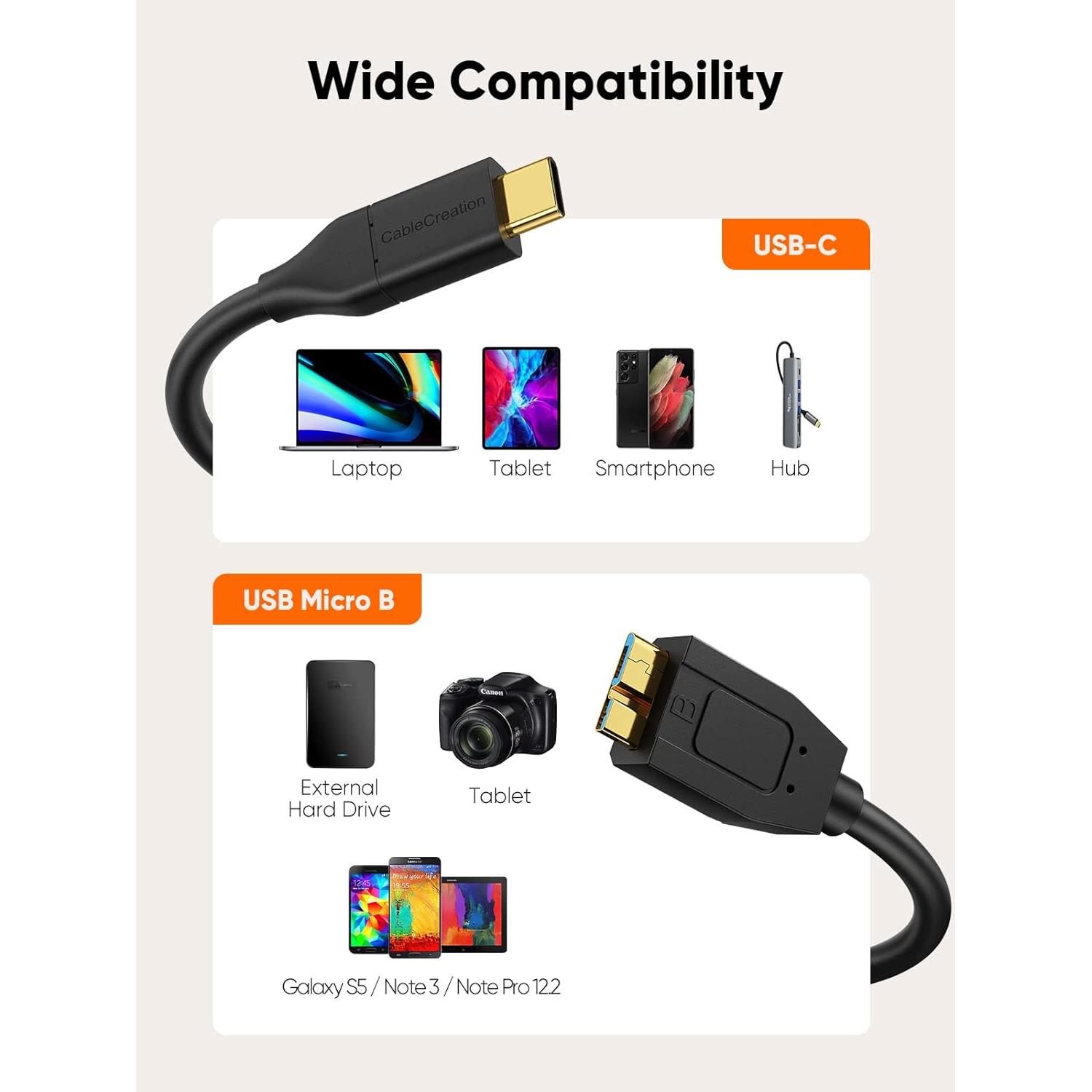 Cable USB C a Micro B 1 Pie CableCreation 10Gbps Negro