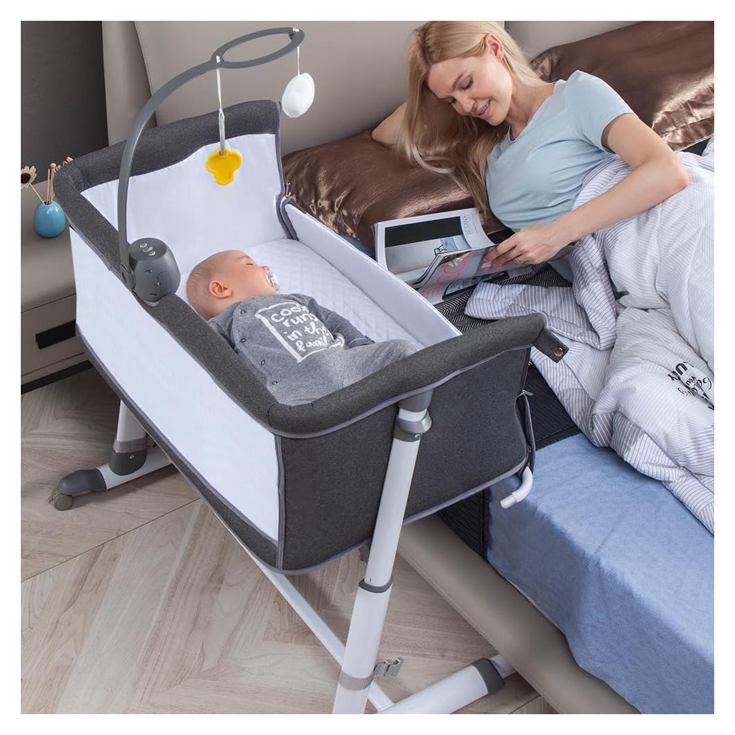 Cuna de Lado RONBEI para Bebé Gris Oscuro con Ruedas