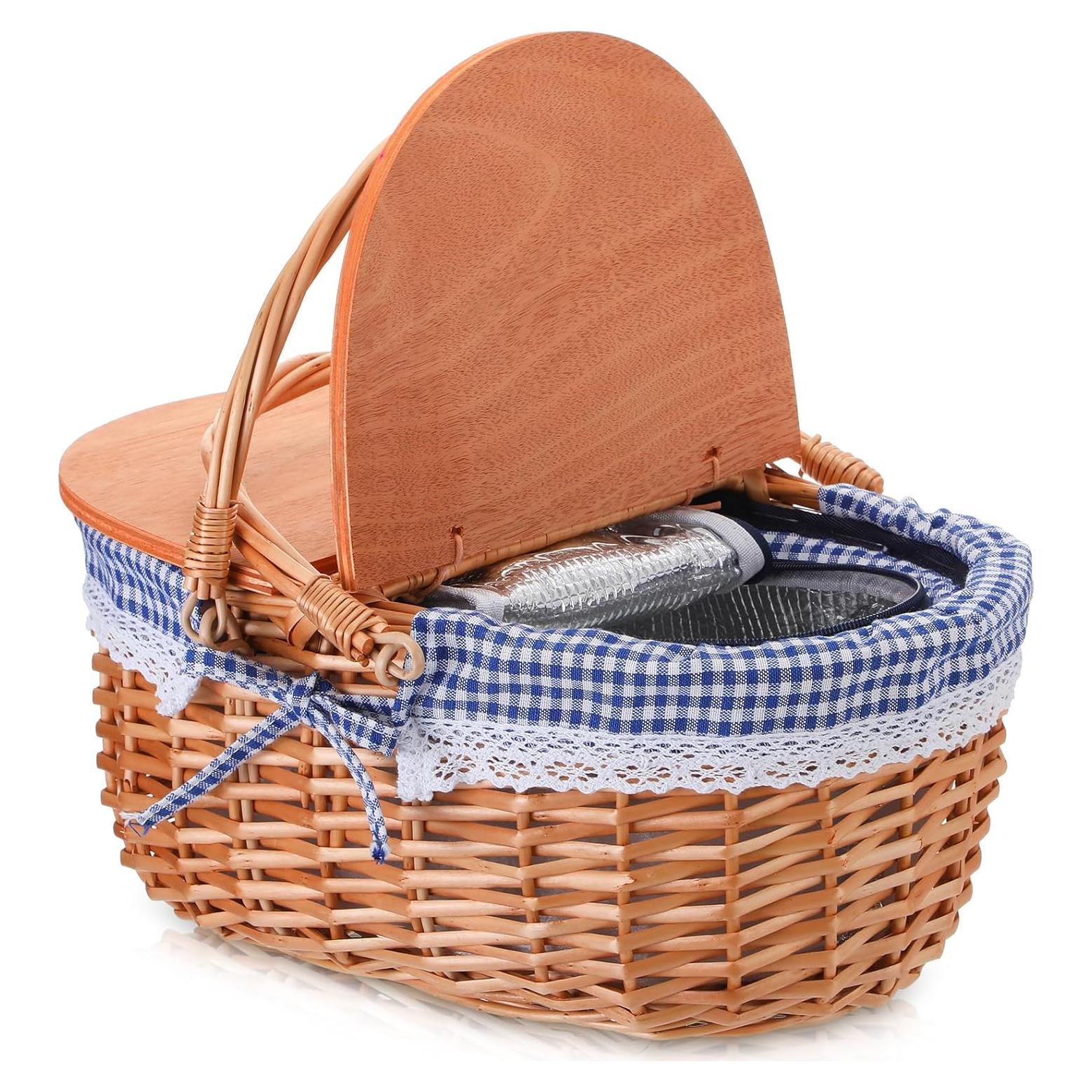 Cesta de Picnic Aislada de Mimbre DoubleFill 38x29x33cm Cuadro Azul