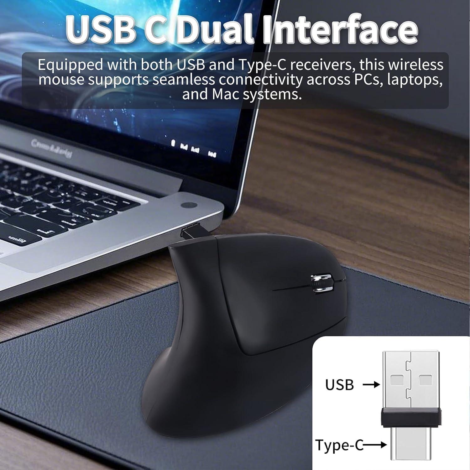 Ratón Inalámbrico Vertical Ergonómico KUYHRF USB C Negro