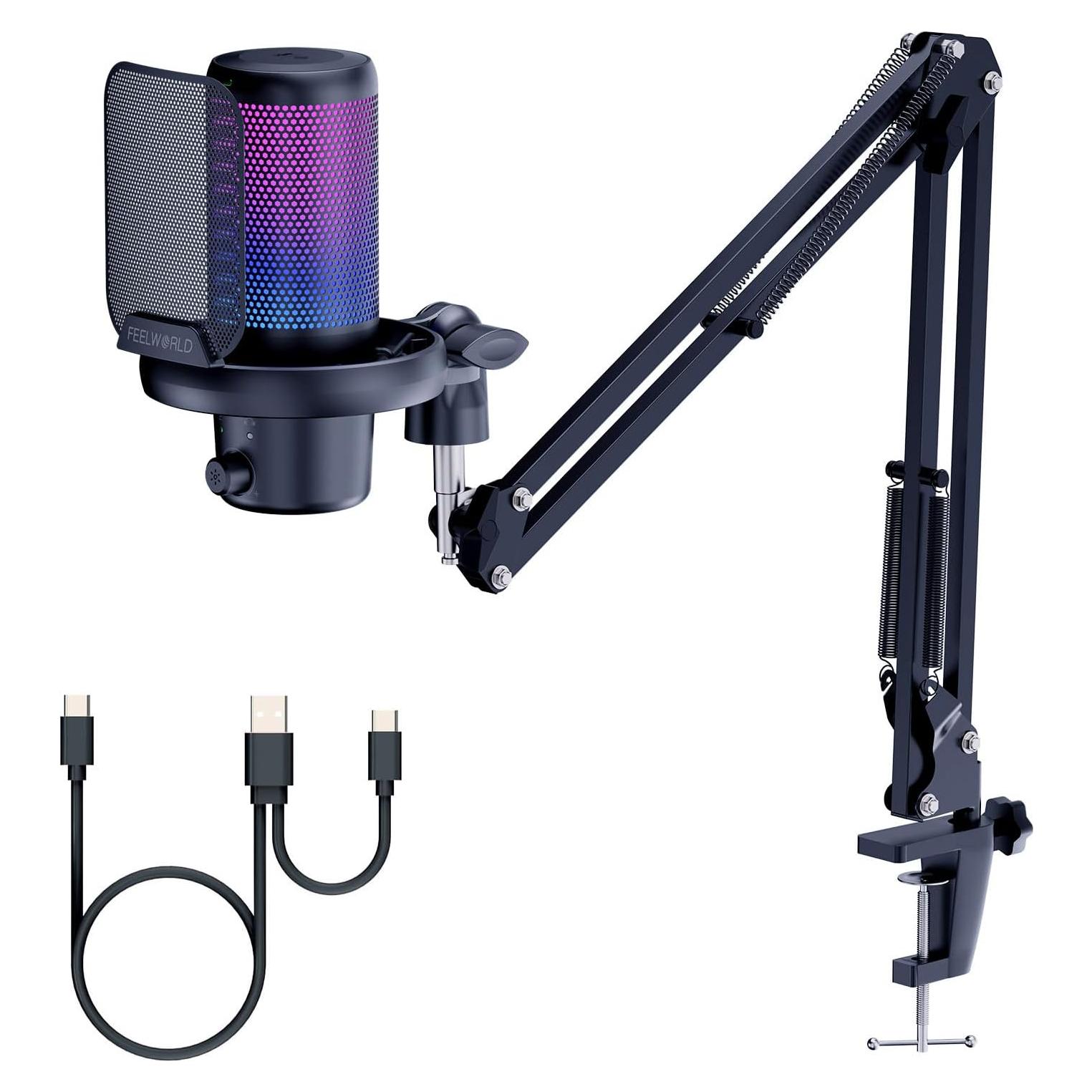 Micrófono USB de Condensador FEELWORLD VM1 con Luz RGB