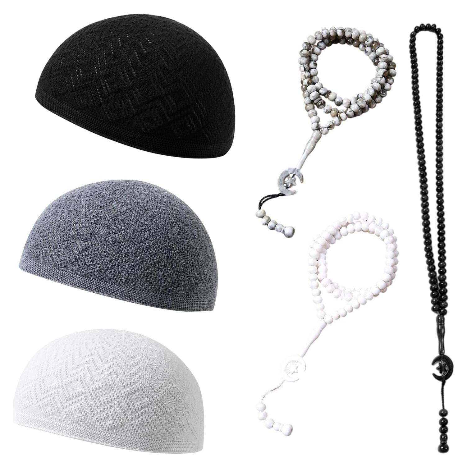 Set 6 Gorras Kufi para Hombres + Cuentas de Oración Tasbih
