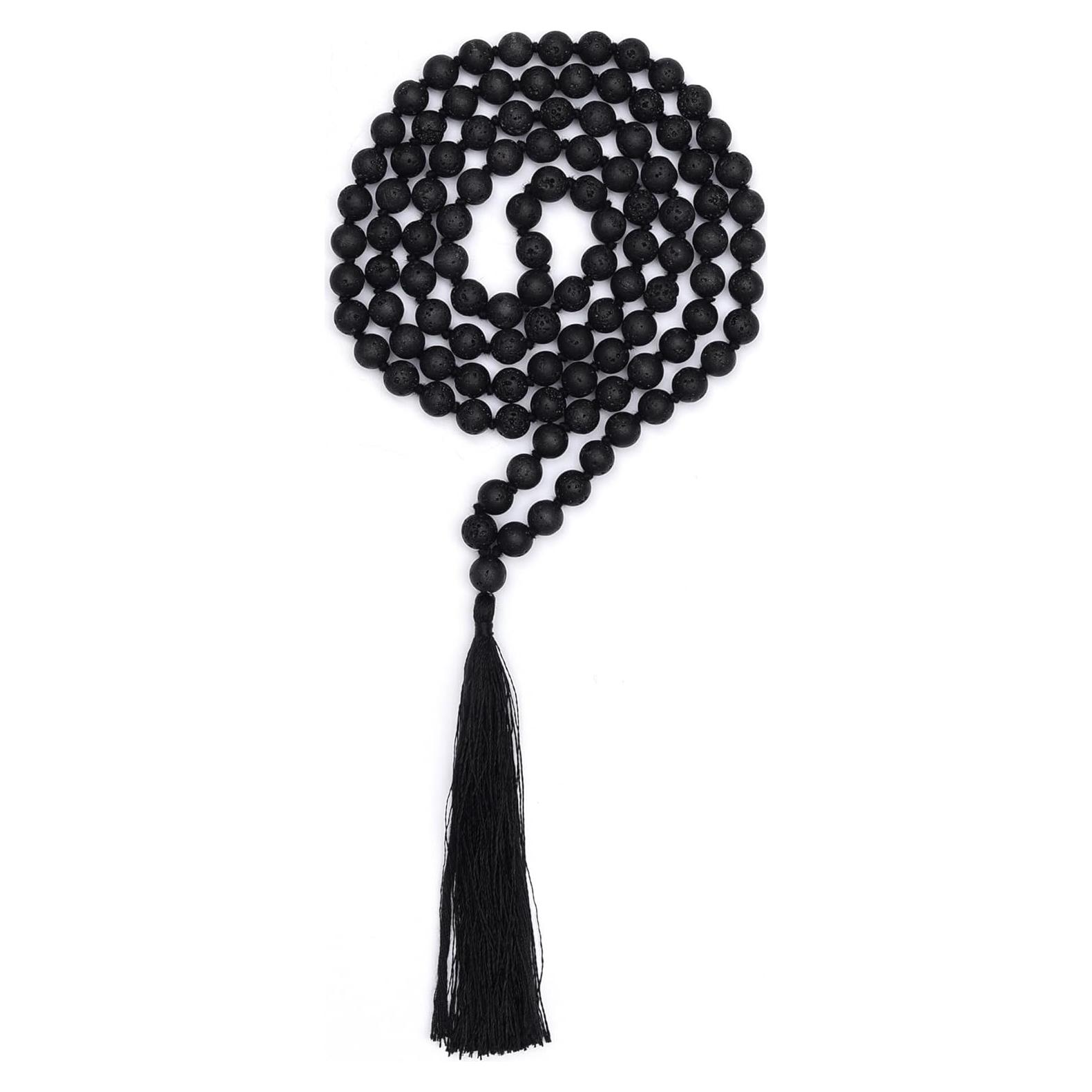 Collar Mala de Rocas de Lava Negra Basalto 108 Cuentas 8mm