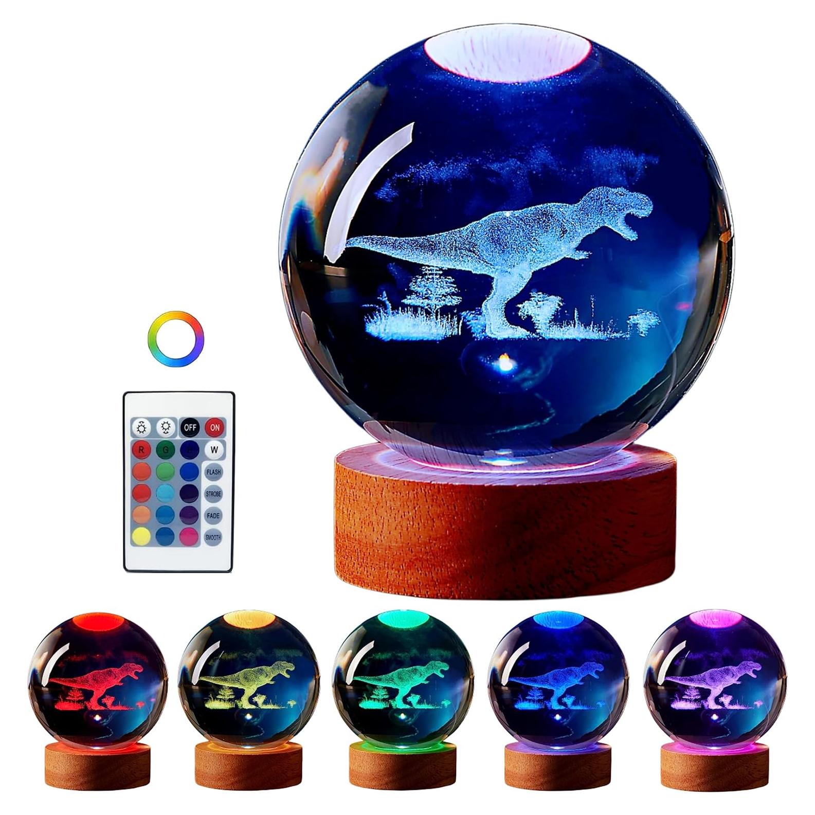 Lámpara de Bola de Cristal 3D Dinosaurio K9 8cm USB Control Remoto