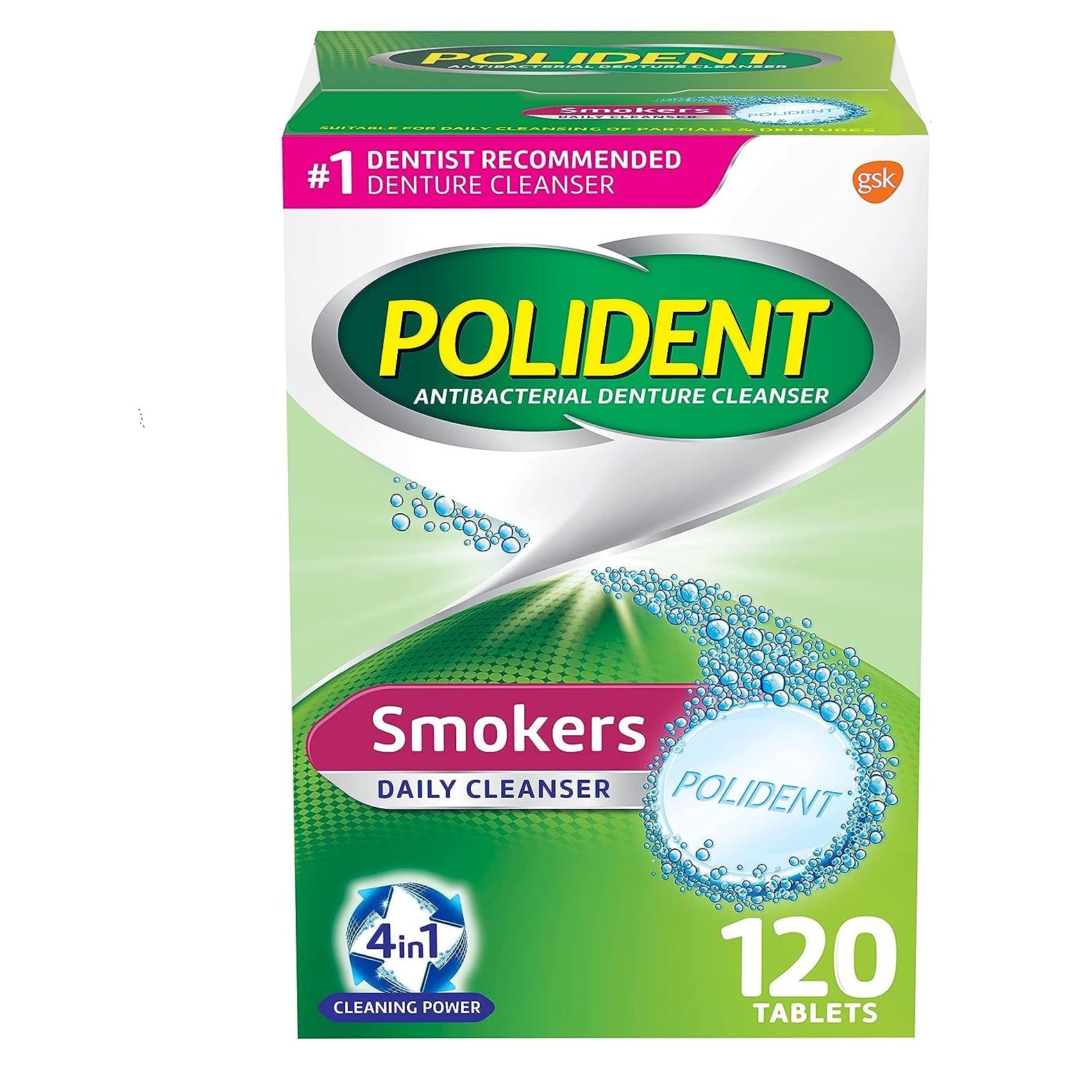 Tabletas Limpiadoras de Dentaduras Polident para Fumadores - 120 Unidades