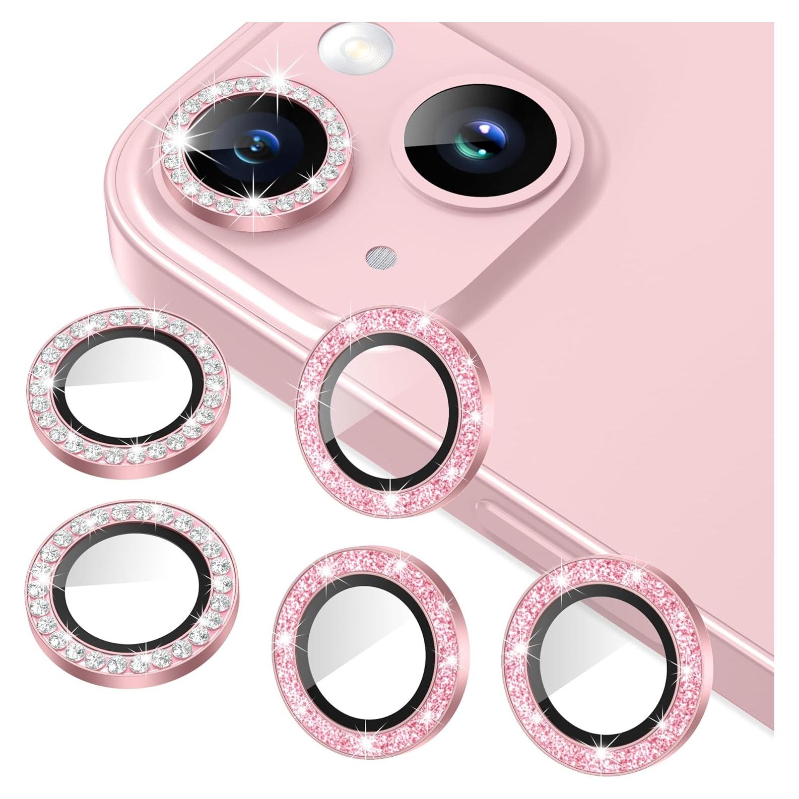 AGVEE 3+3 6 Pack Camera Lens Protector Compatible with iPhone 15/15 Plus, Bling Diamond & Glitter Metal Ring 9H Tempered HD Glass Camera Protector Cover Film, Bling-Pink