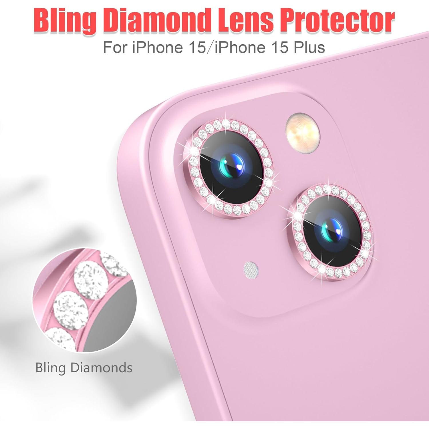 AGVEE 3+3 6 Pack Camera Lens Protector Compatible with iPhone 15/15 Plus, Bling Diamond & Glitter Metal Ring 9H Tempered HD Glass Camera Protector Cover Film, Bling-Pink