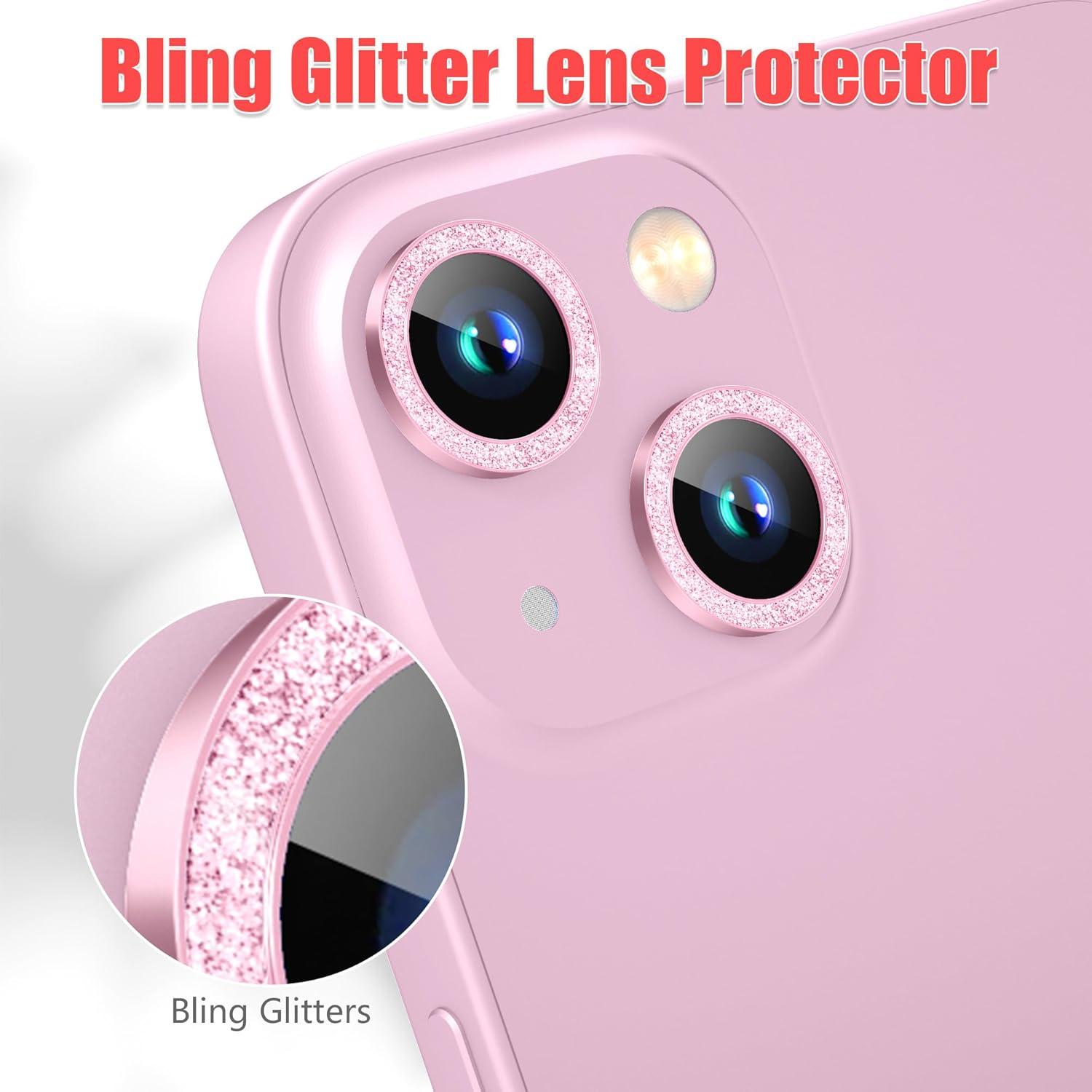 AGVEE 3+3 6 Pack Camera Lens Protector Compatible with iPhone 15/15 Plus, Bling Diamond & Glitter Metal Ring 9H Tempered HD Glass Camera Protector Cover Film, Bling-Pink