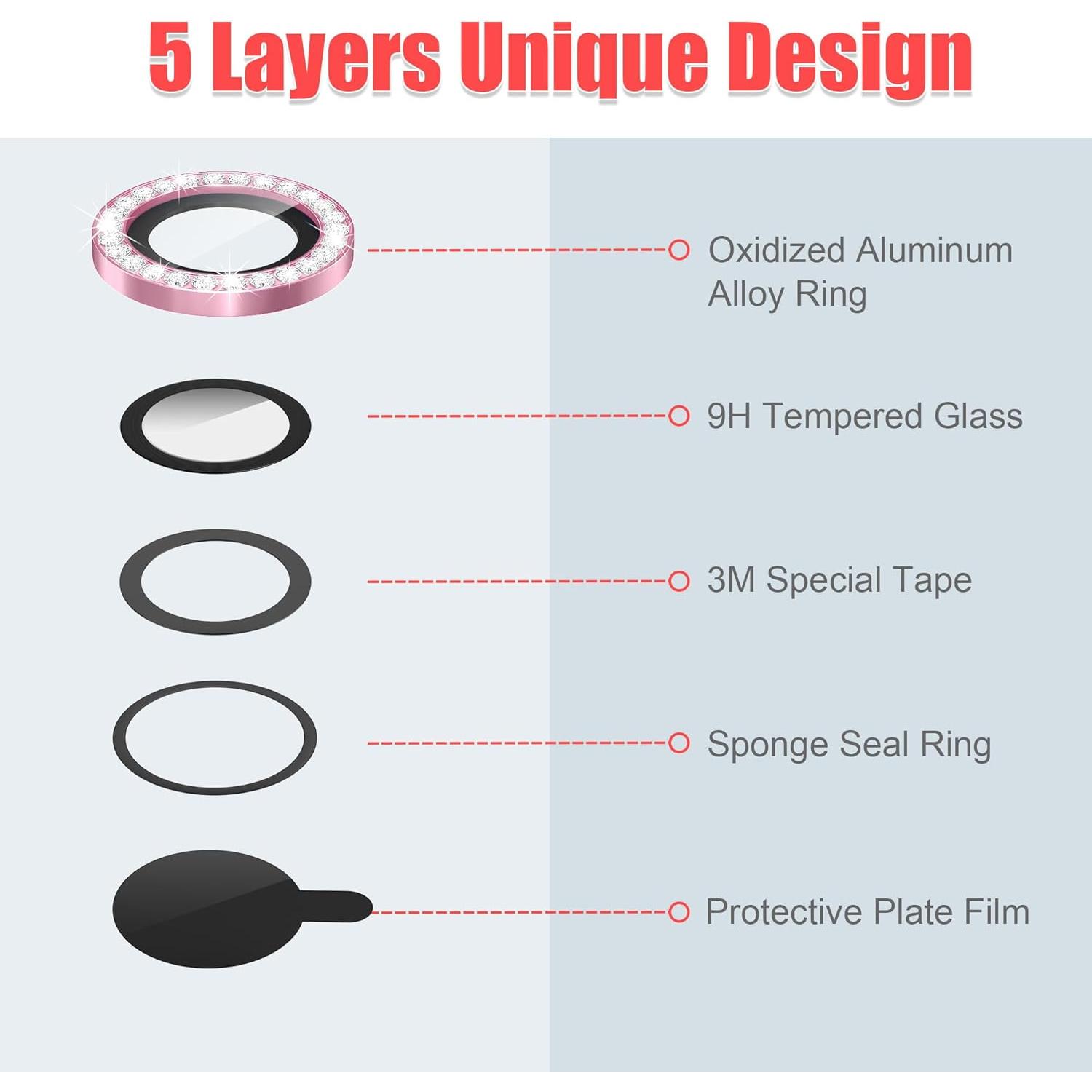 AGVEE 3+3 6 Pack Camera Lens Protector Compatible with iPhone 15/15 Plus, Bling Diamond & Glitter Metal Ring 9H Tempered HD Glass Camera Protector Cover Film, Bling-Pink