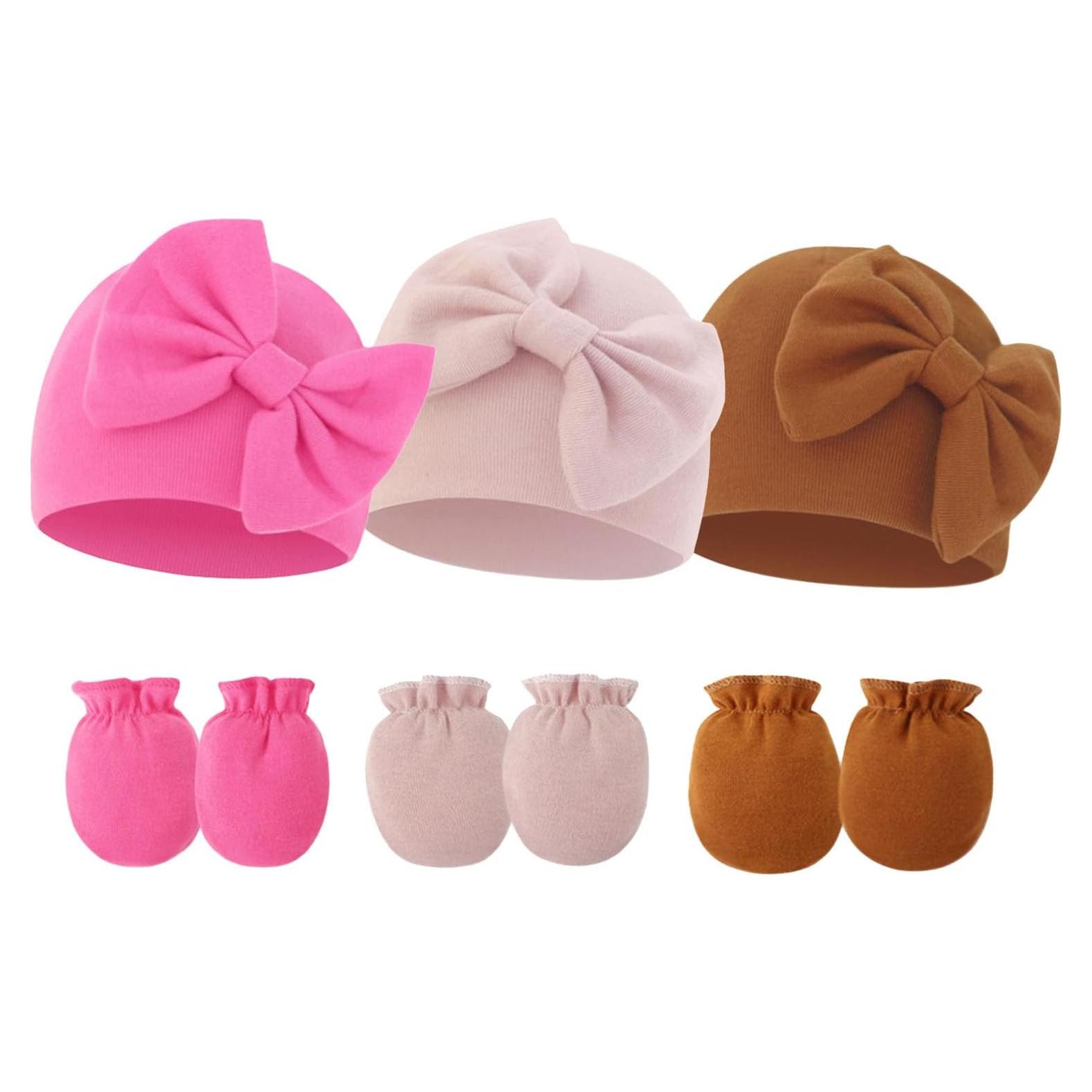 Conjunto de Gorro y Manoplas para Bebés Niñas con Lazo - Algodón Suave